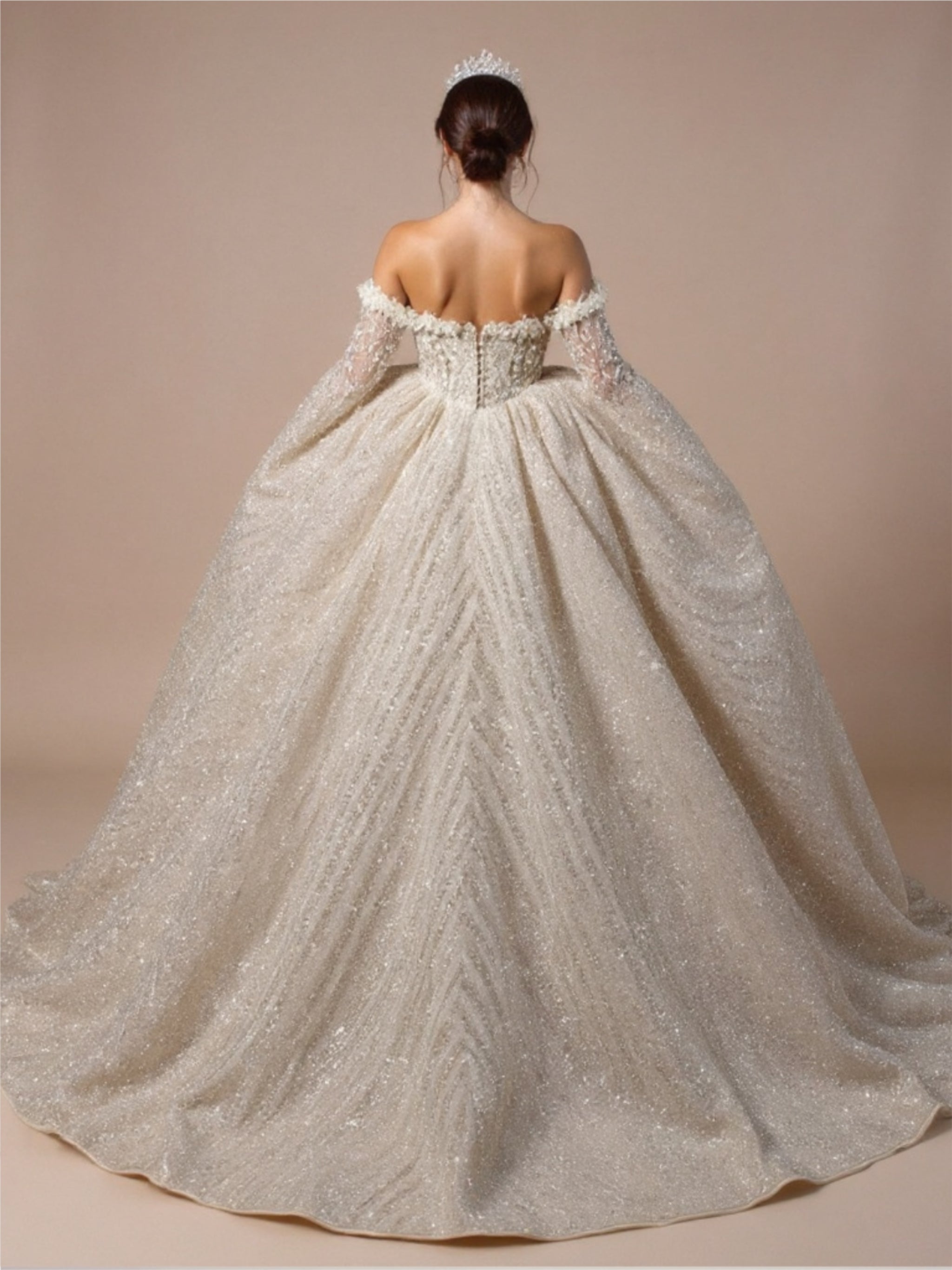 3D Flower Beaded Off The Shoulder Long Sleeve Bridal Gown