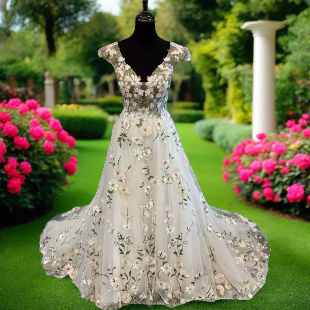 V Neck Floral Embroidered Lace A Line Bridal Gown