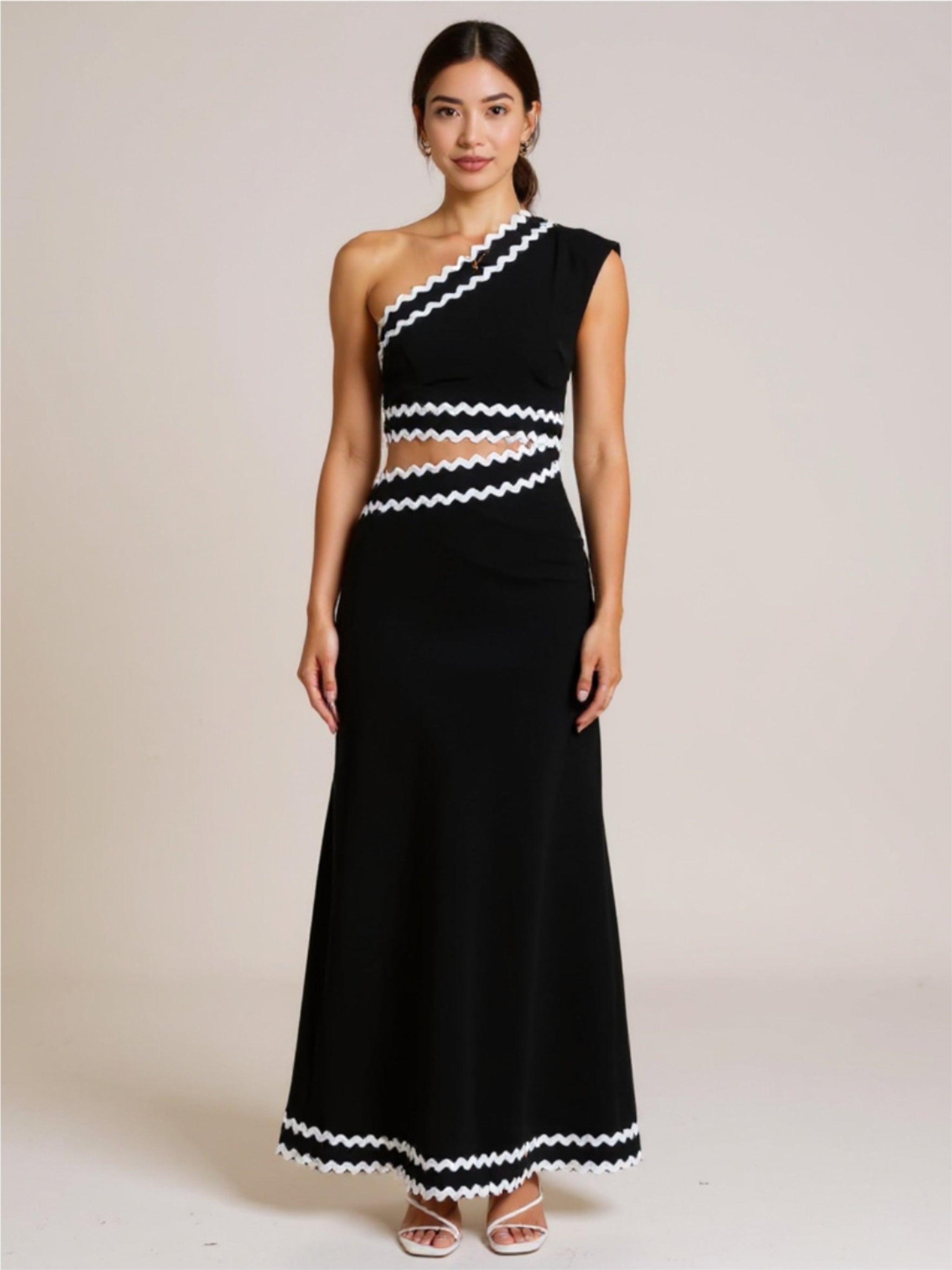 Black One Shoulder Maxi Dress with White Trim & Cutout
