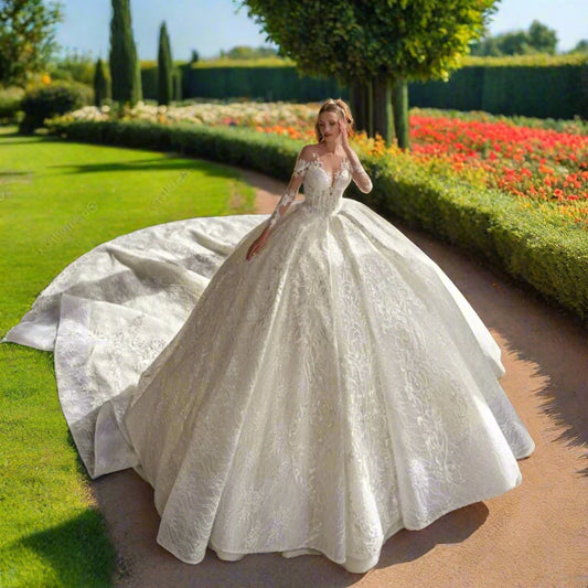 Off The Shoulder Long Sleeve Lace Beaded Bridal Dress