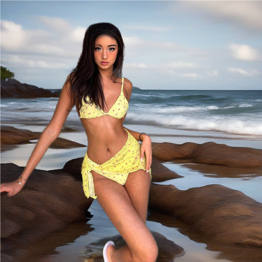 Yellow Floral Bikini Three Piece Set