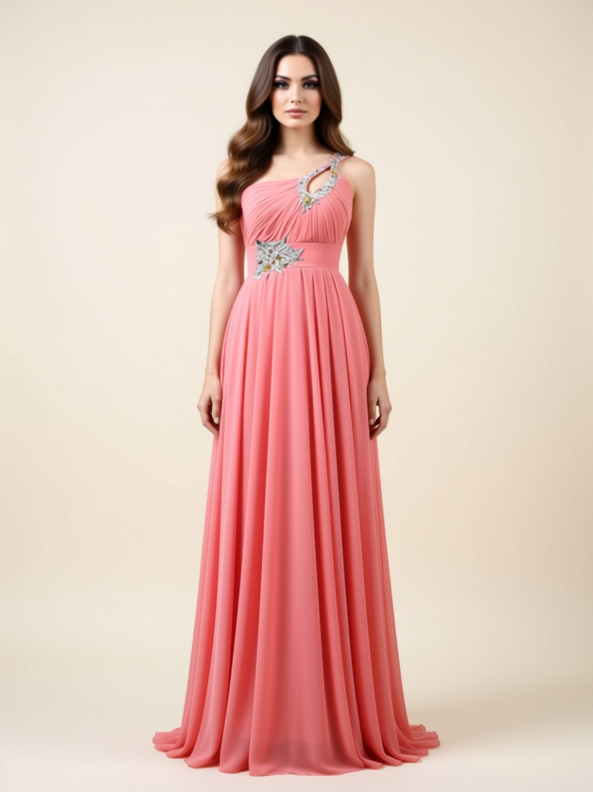One‑Shoulder Embellished Chiffon Evening Gown