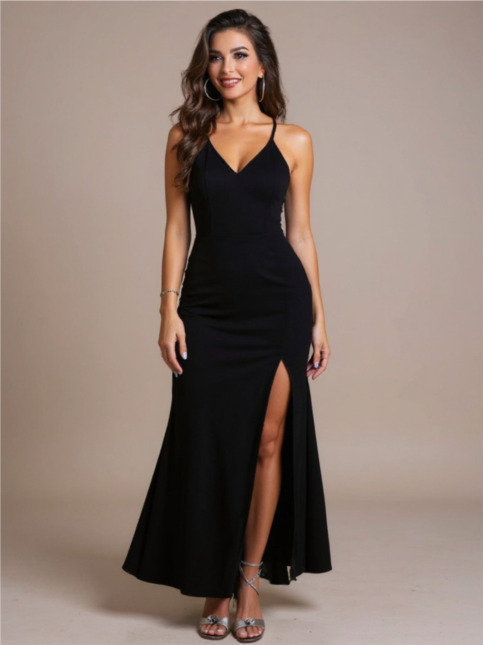Sequin V-Neck Dress with High Slit