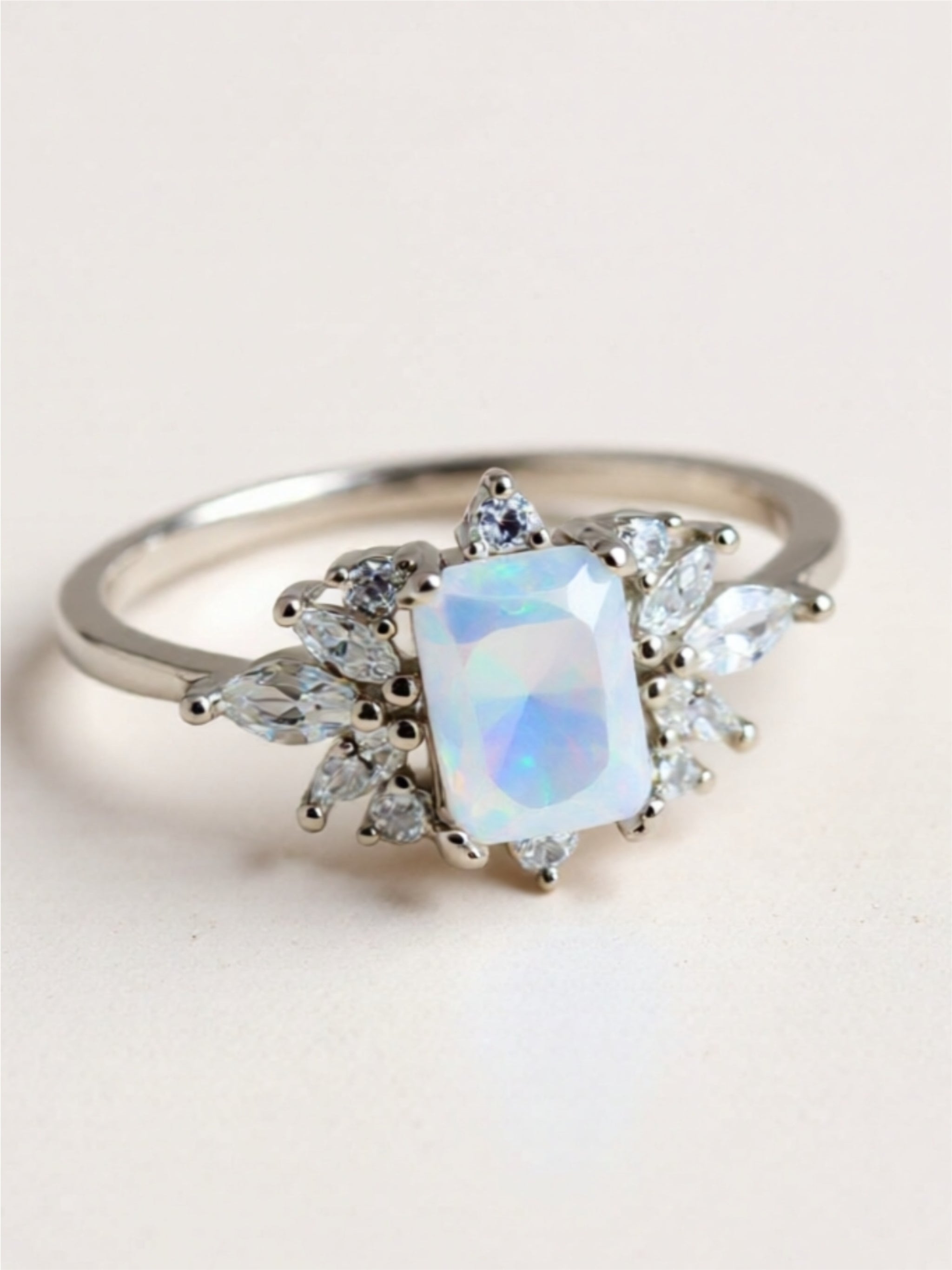 Australian Opal Ring in Platinum-Plated Sterling Silver with Zircon Accents