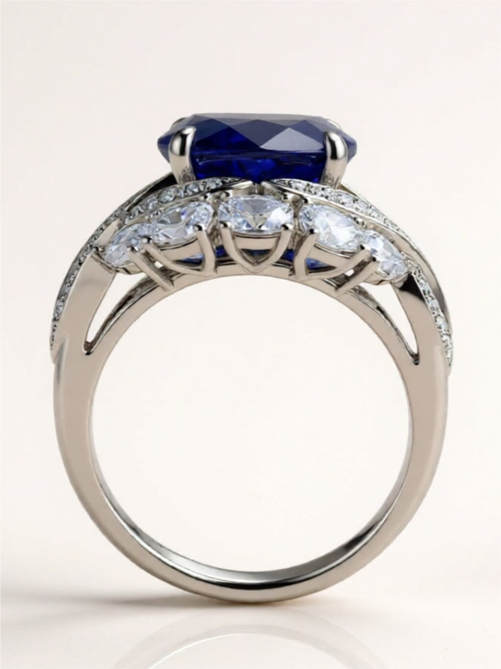Sterling Silver Ring with 5-Carat Sapphire and Zircon Halo