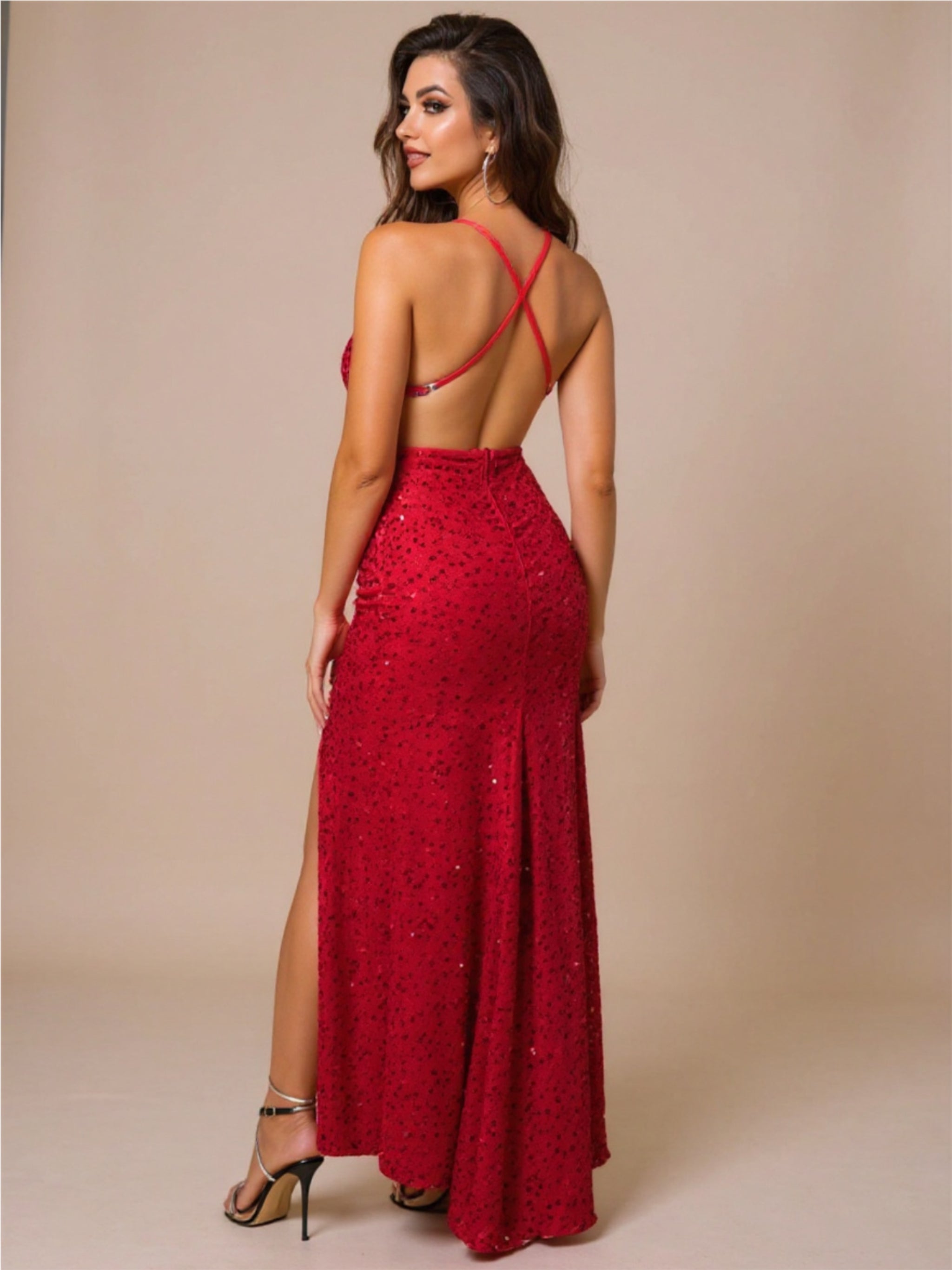 Sequin V-Neck Dress with High Slit
