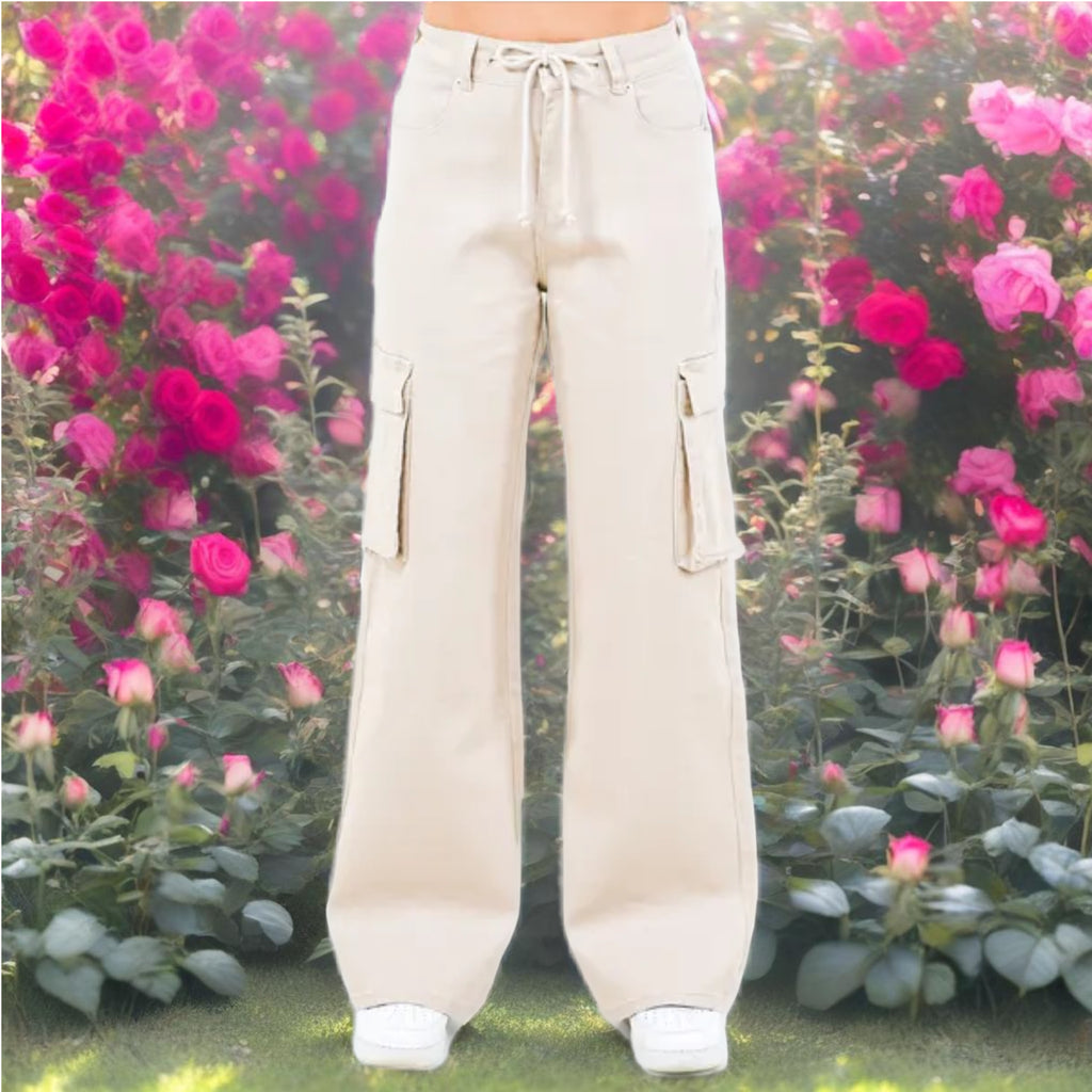 Khaki Drawstring Wide Leg Cargo Pants