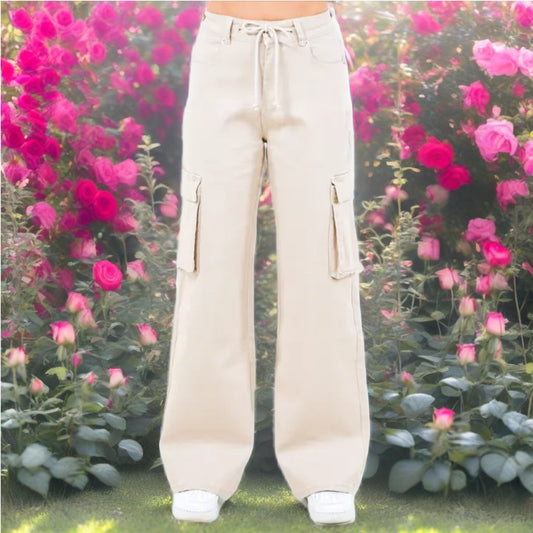 Khaki Drawstring Wide Leg Cargo Pants