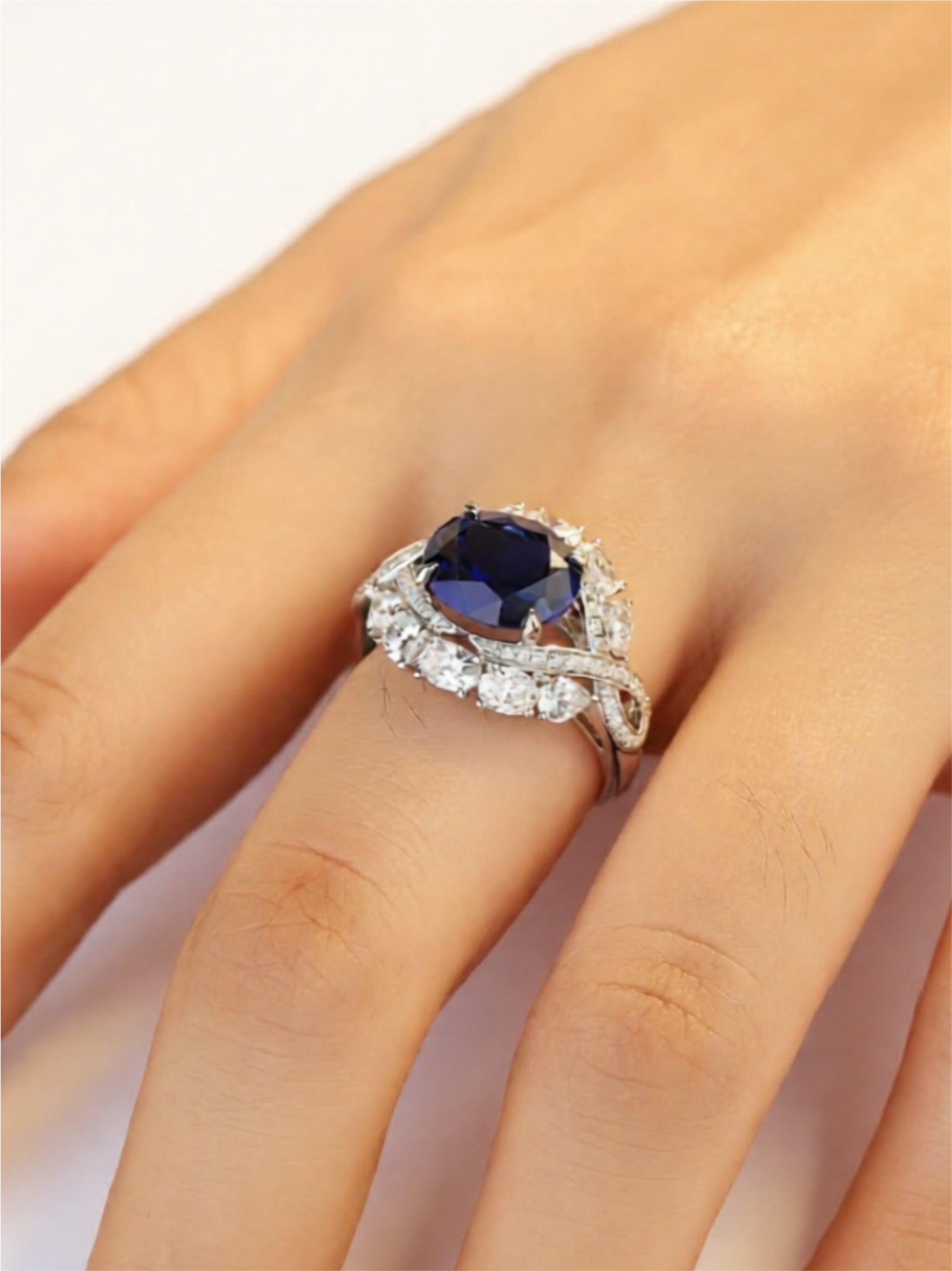 Sterling Silver Ring with 5-Carat Sapphire and Zircon Halo