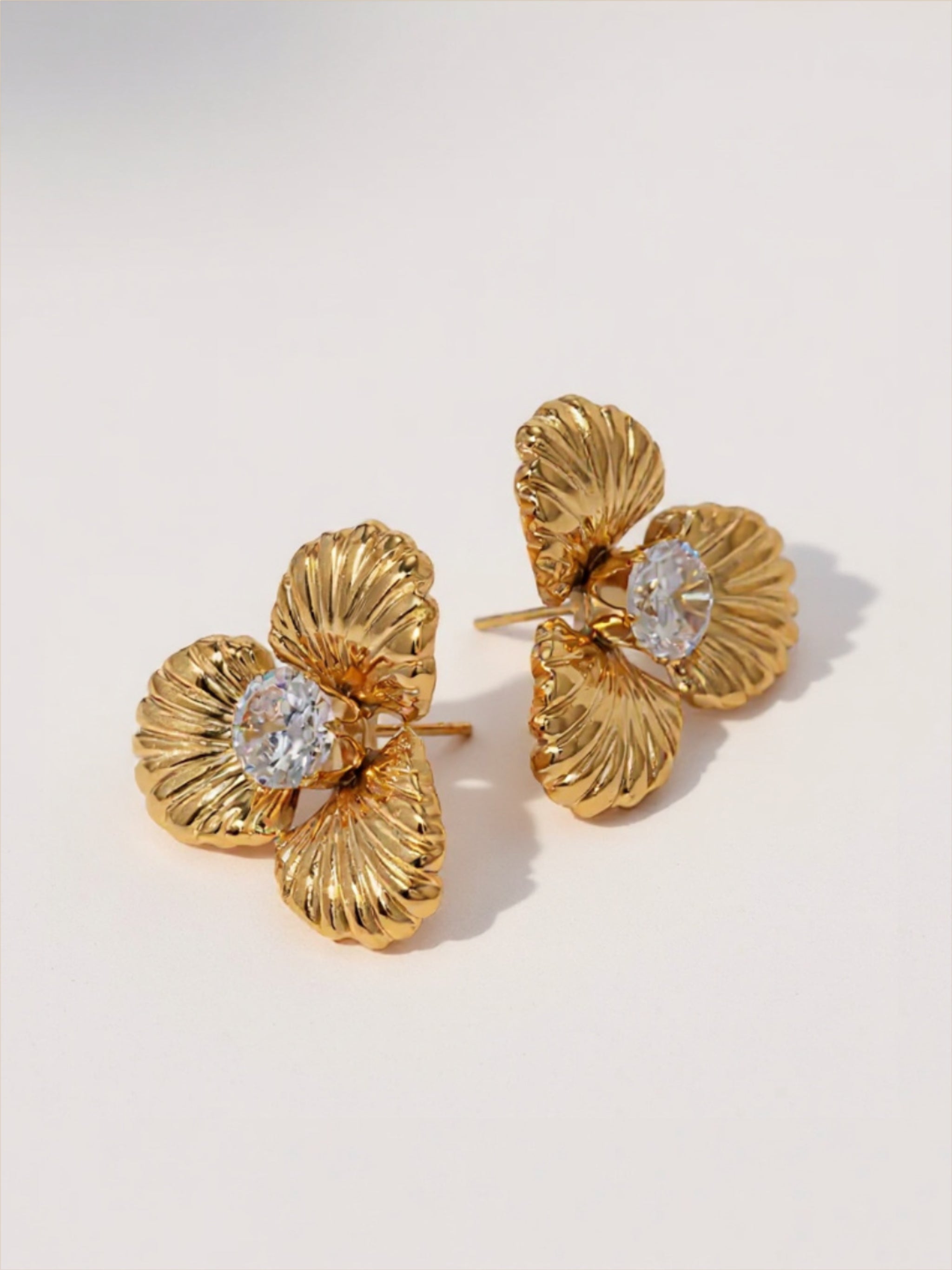 Gold Stainless Steel CZ Flower Shape Earrings