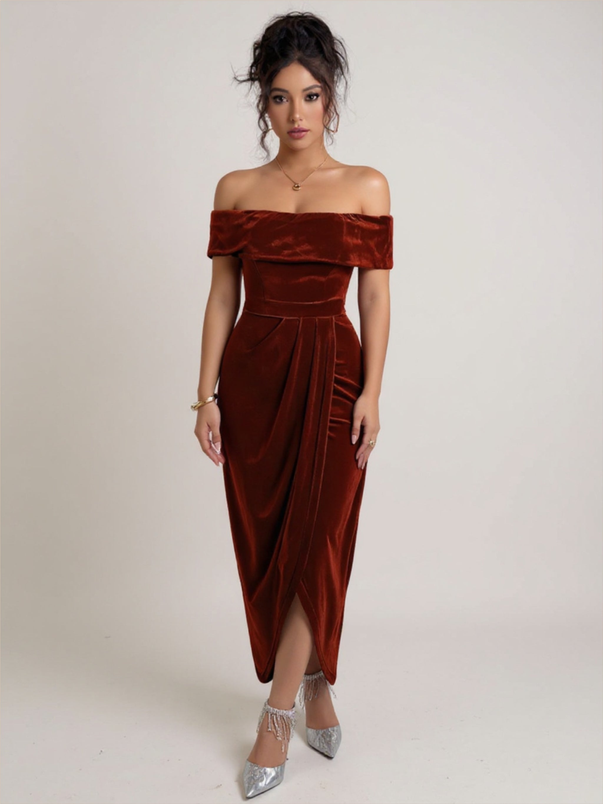 Velvet Off The Shoulder Bodycon Dress