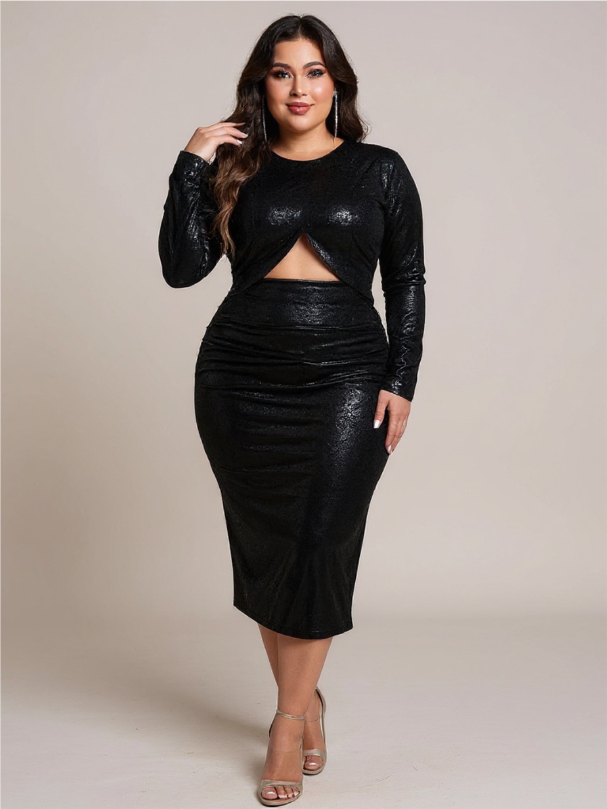 Cutout Slit Round Neck Long Sleeve Black Dress