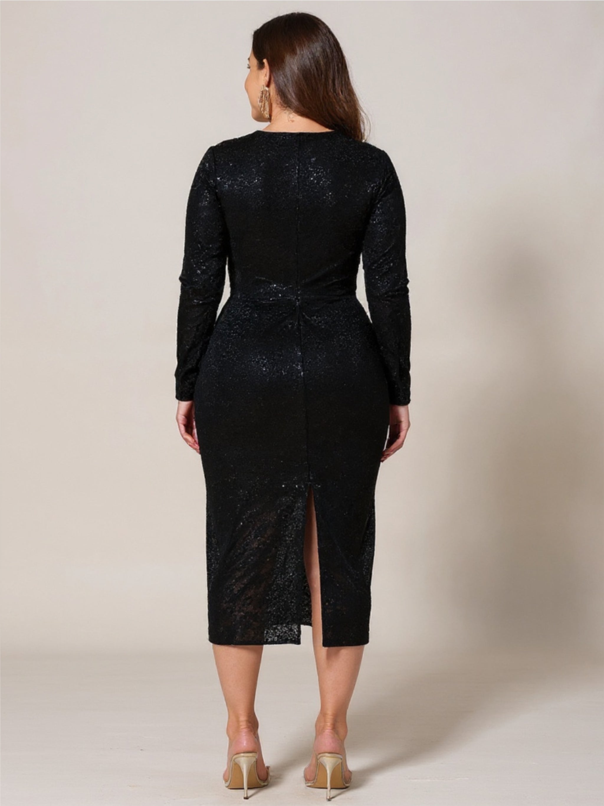 Cutout Slit Round Neck Long Sleeve Black Dress