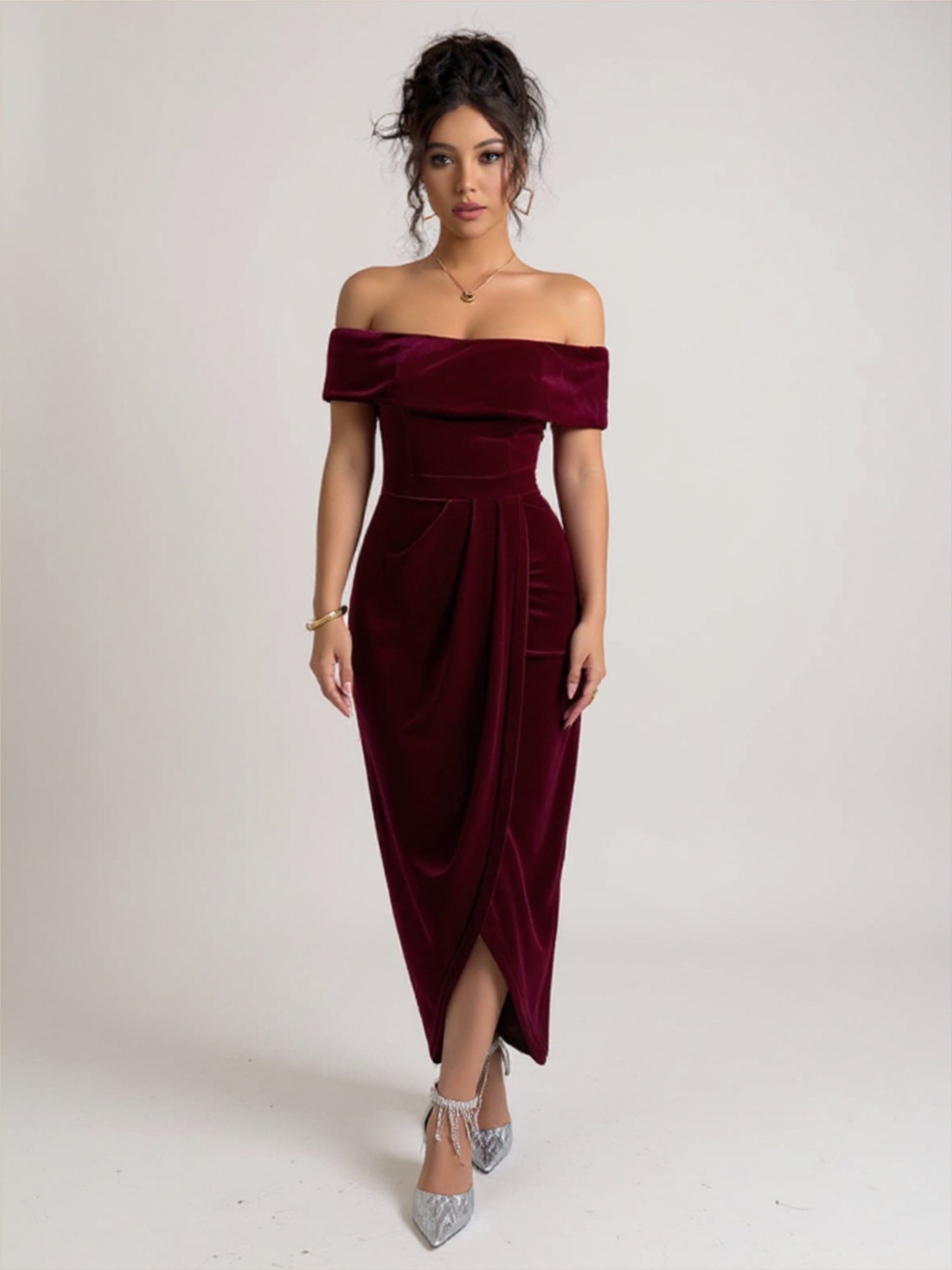 Velvet Off The Shoulder Bodycon Dress