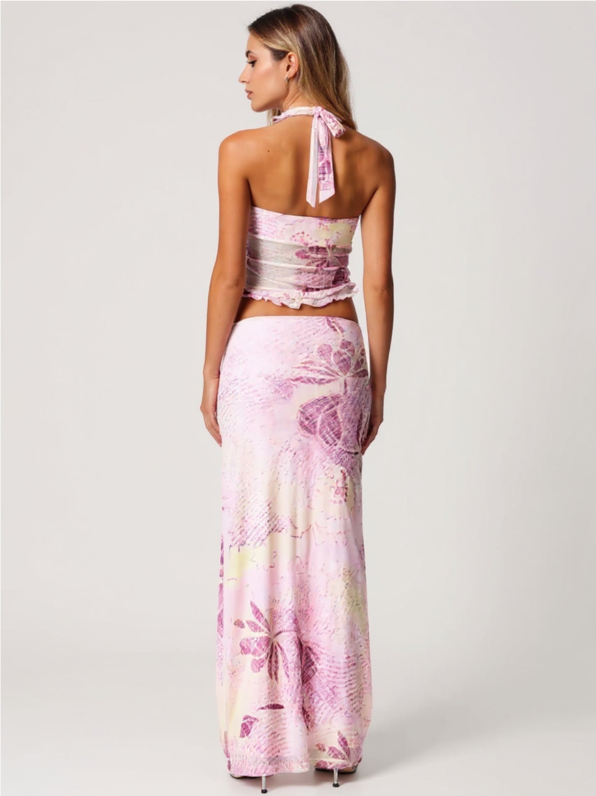 Pink Floral Halter Neck Cami & Maxi Skirt Set