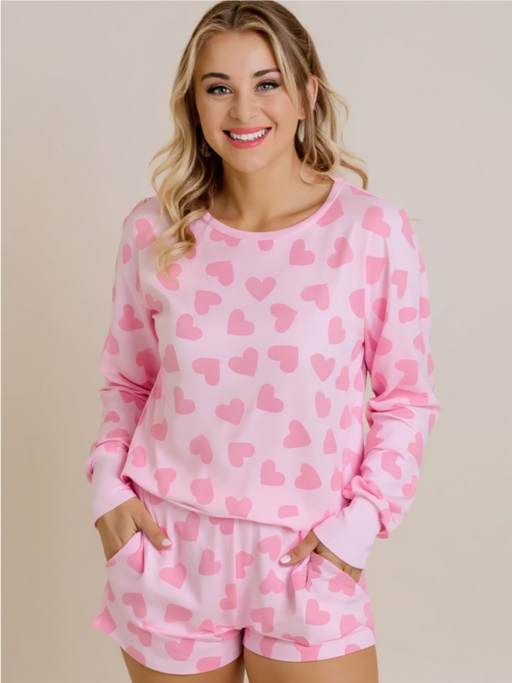 Heart Print Long Sleeve Top & Shorts Lounge Set