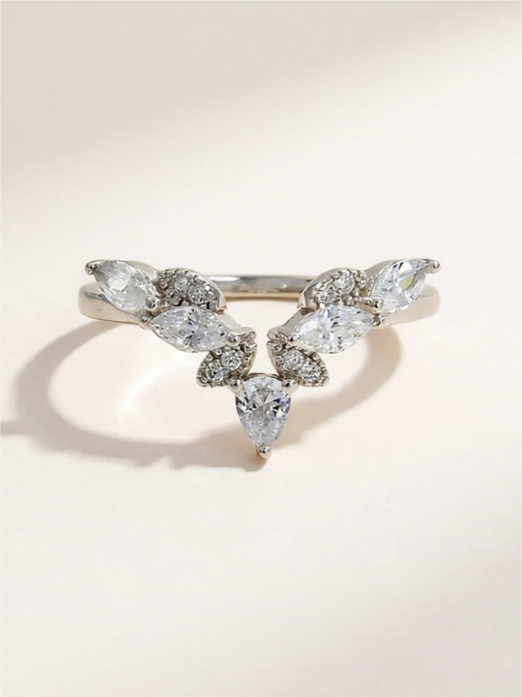 Sterling Silver V-Shaped Ring with Pear-Cut CZ Accents
