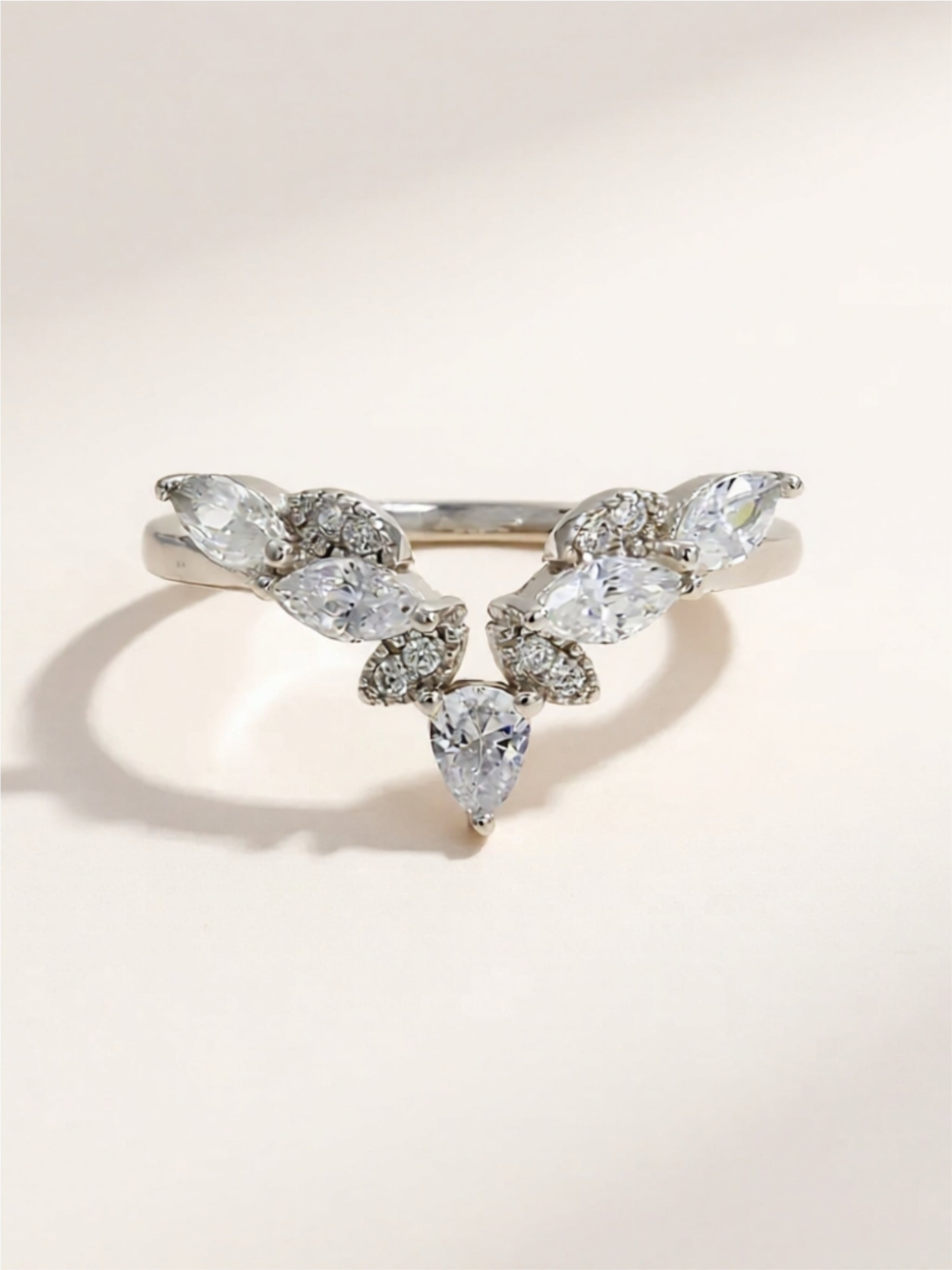 Sterling Silver V-Shaped Ring with Pear-Cut CZ Accents