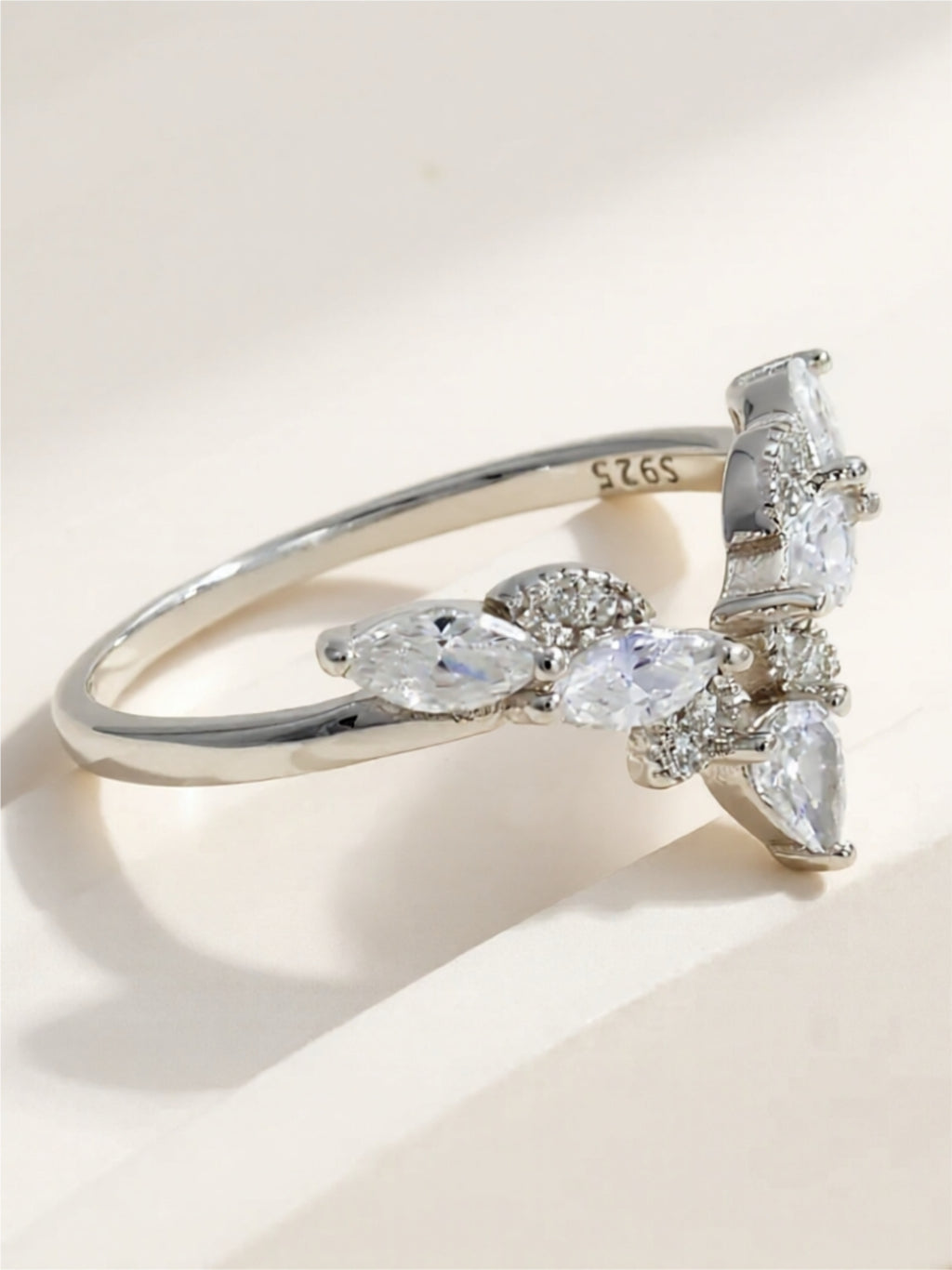 Sterling Silver V-Shaped Ring with Pear-Cut CZ Accents