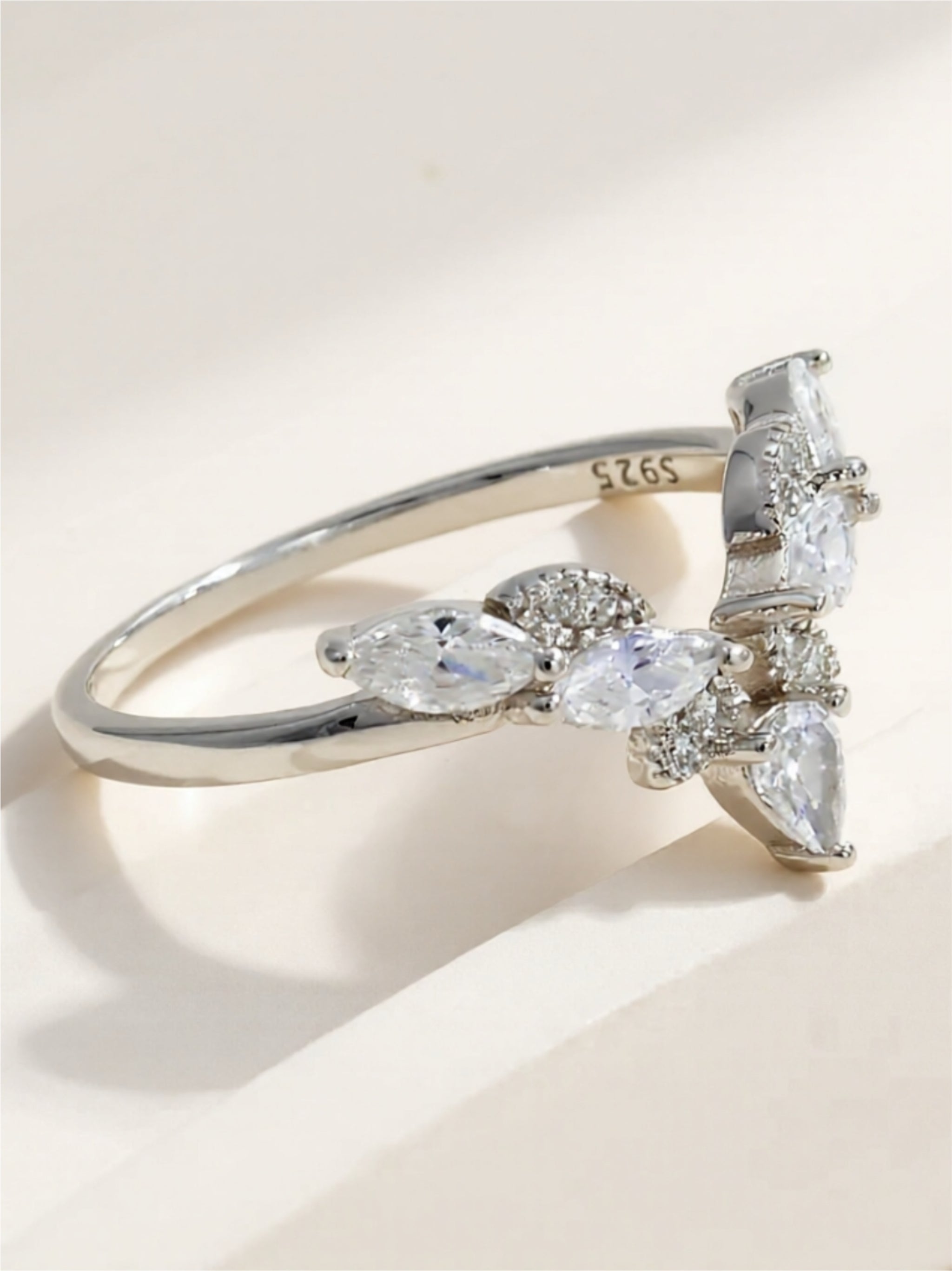 Sterling Silver V-Shaped Ring with Pear-Cut CZ Accents