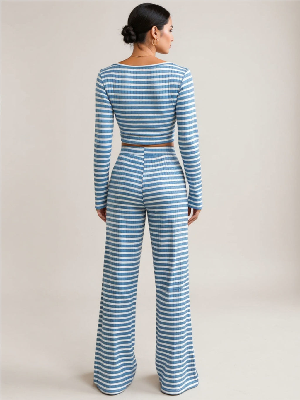 Blue Striped Square Neck Long Sleeve Top & Pants Lounge Set