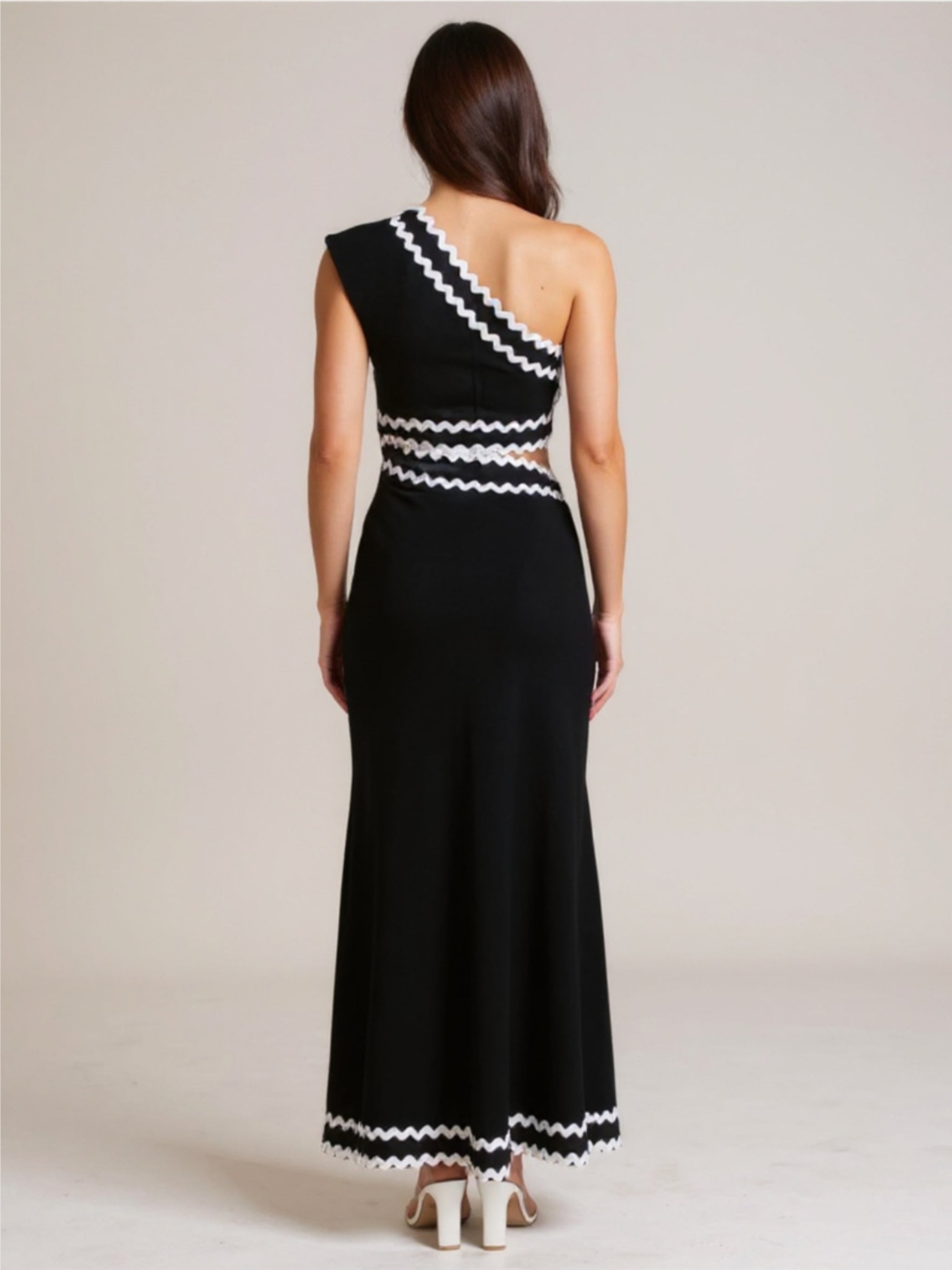 Black One Shoulder Maxi Dress with White Trim & Cutout