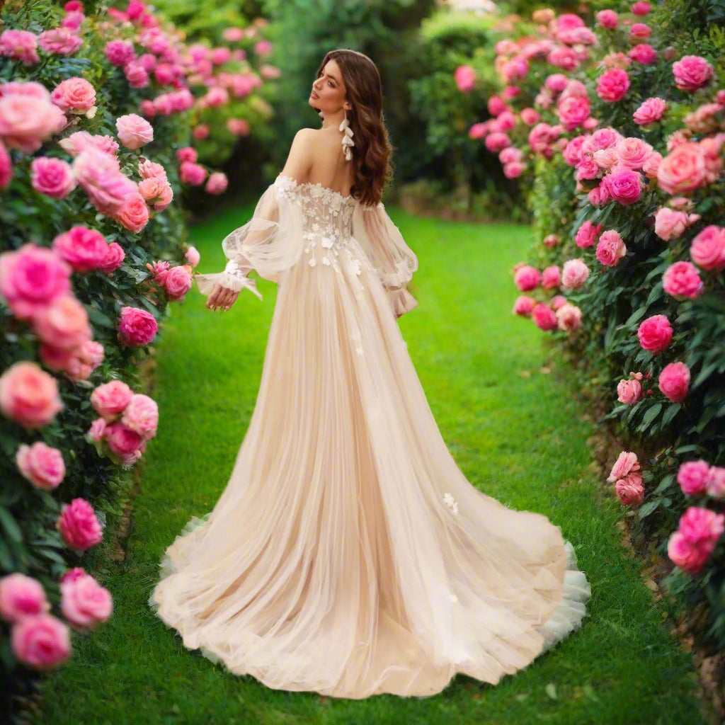 Detachable Long Puff Sleeve V-neck Lace Wedding Dress