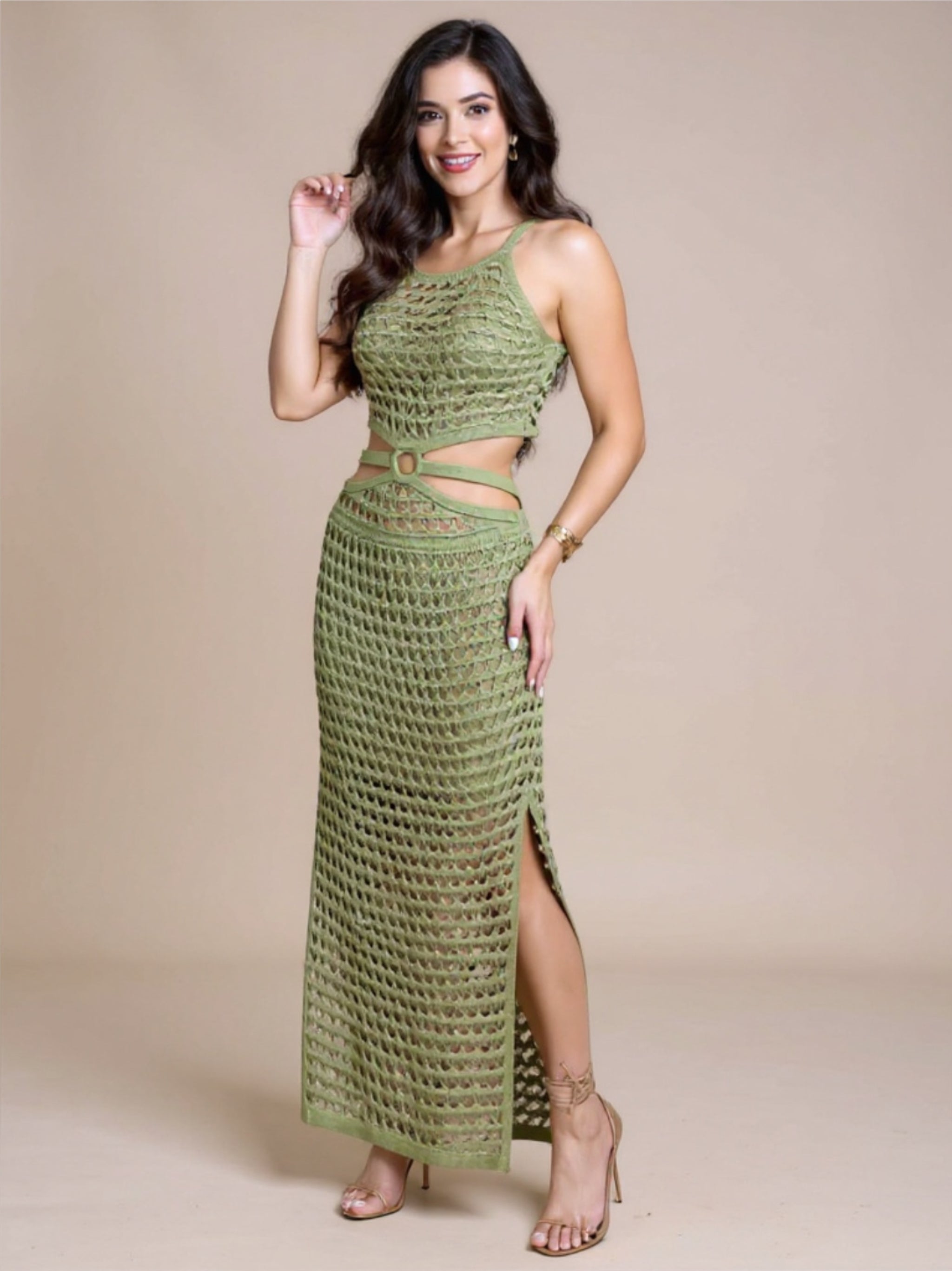 Round Neck Knit Dress with Slit & Cutouts