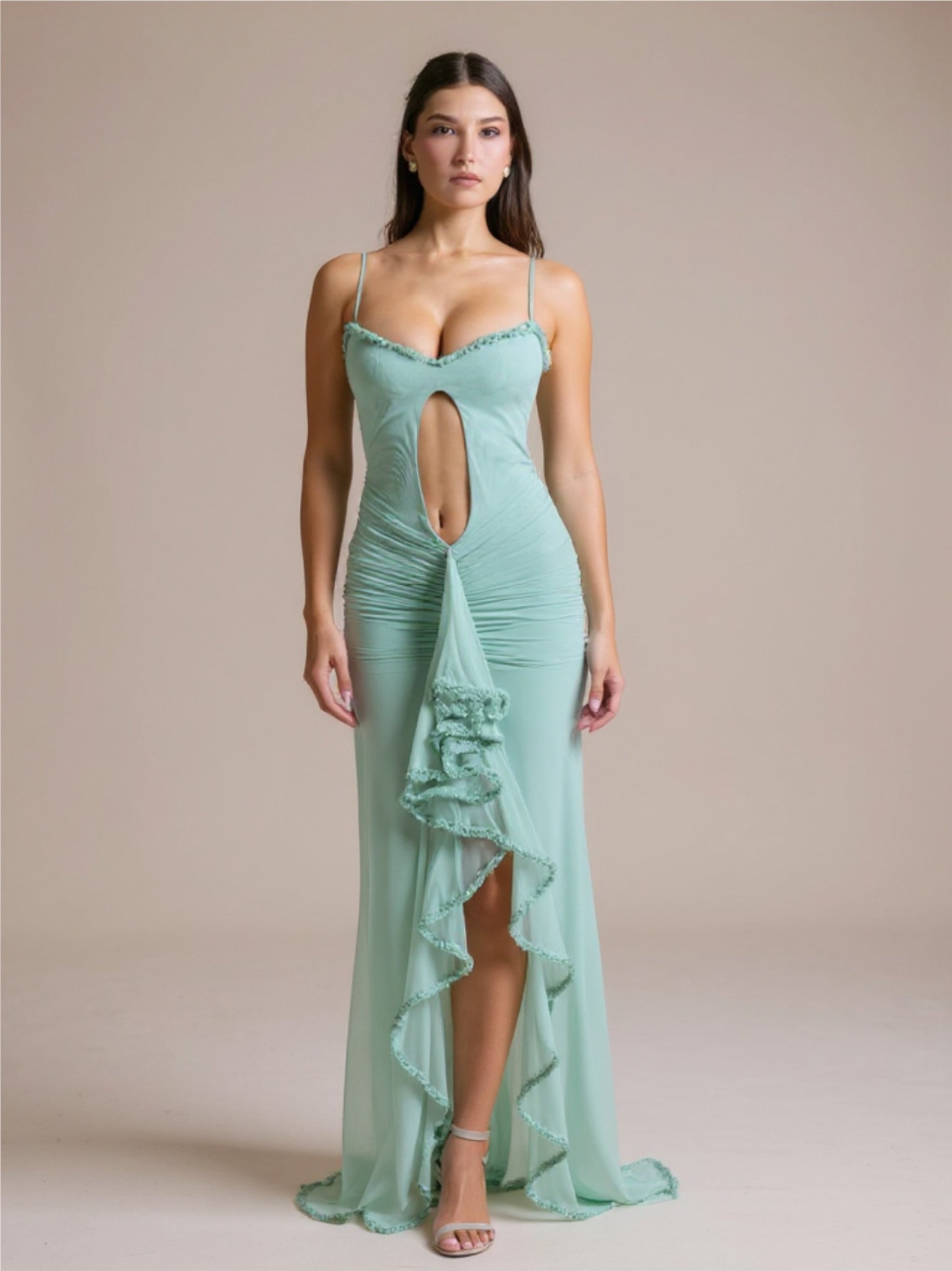 Ruffled Bodycon Maxi Dress with Center Cutout