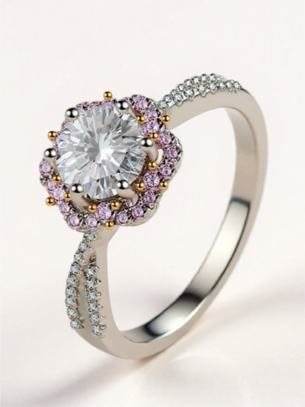 Modern Moissanite Engagement Ring – 1 Carat, Platinum-Plated 925 Sterling Silver with Zircon Accents