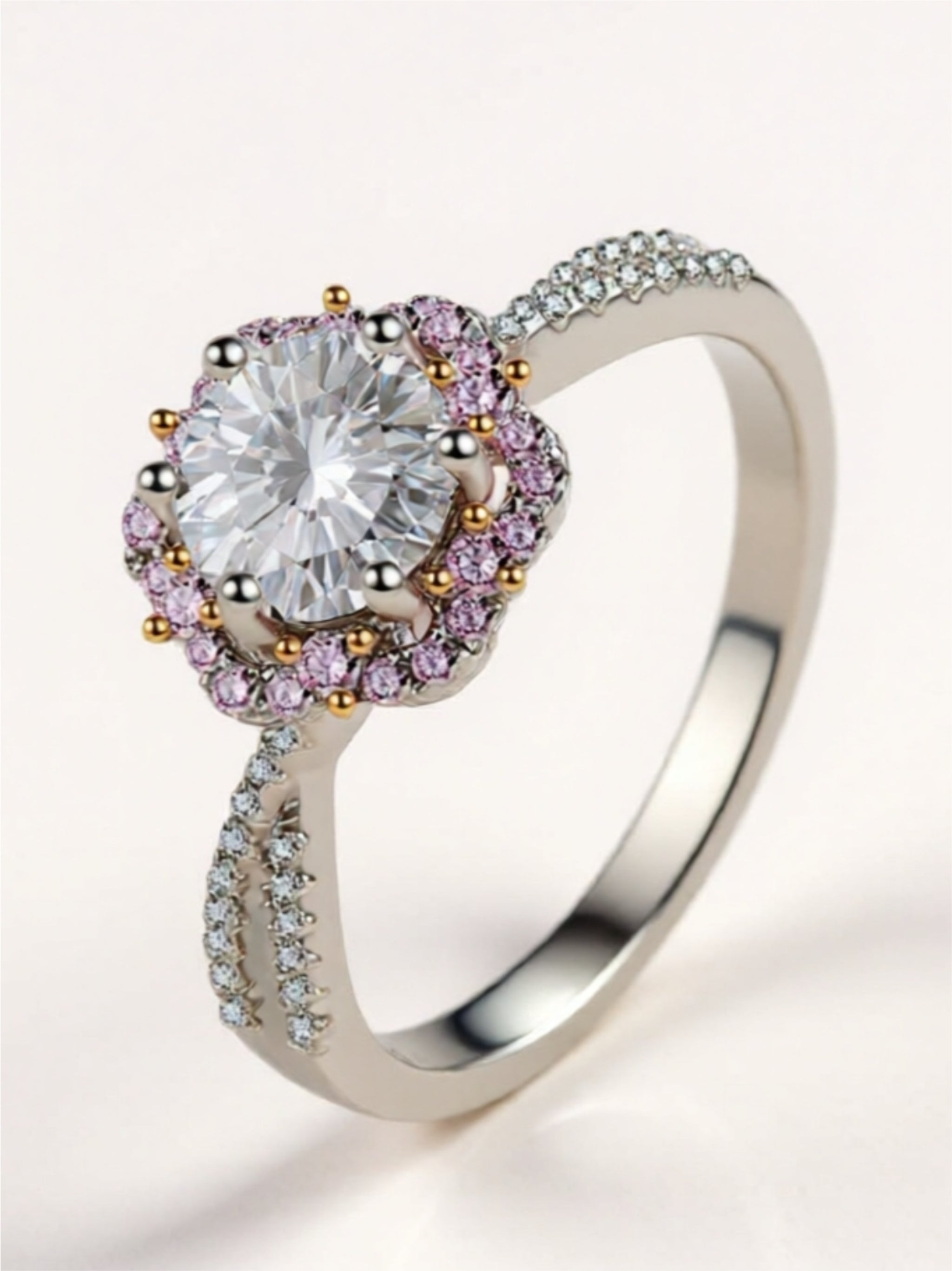 Modern Moissanite Engagement Ring – 1 Carat, Platinum-Plated 925 Sterling Silver with Zircon Accents