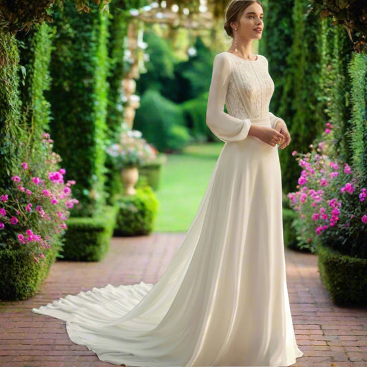 Round Neck Lace Long Sleeve Bridal Dress
