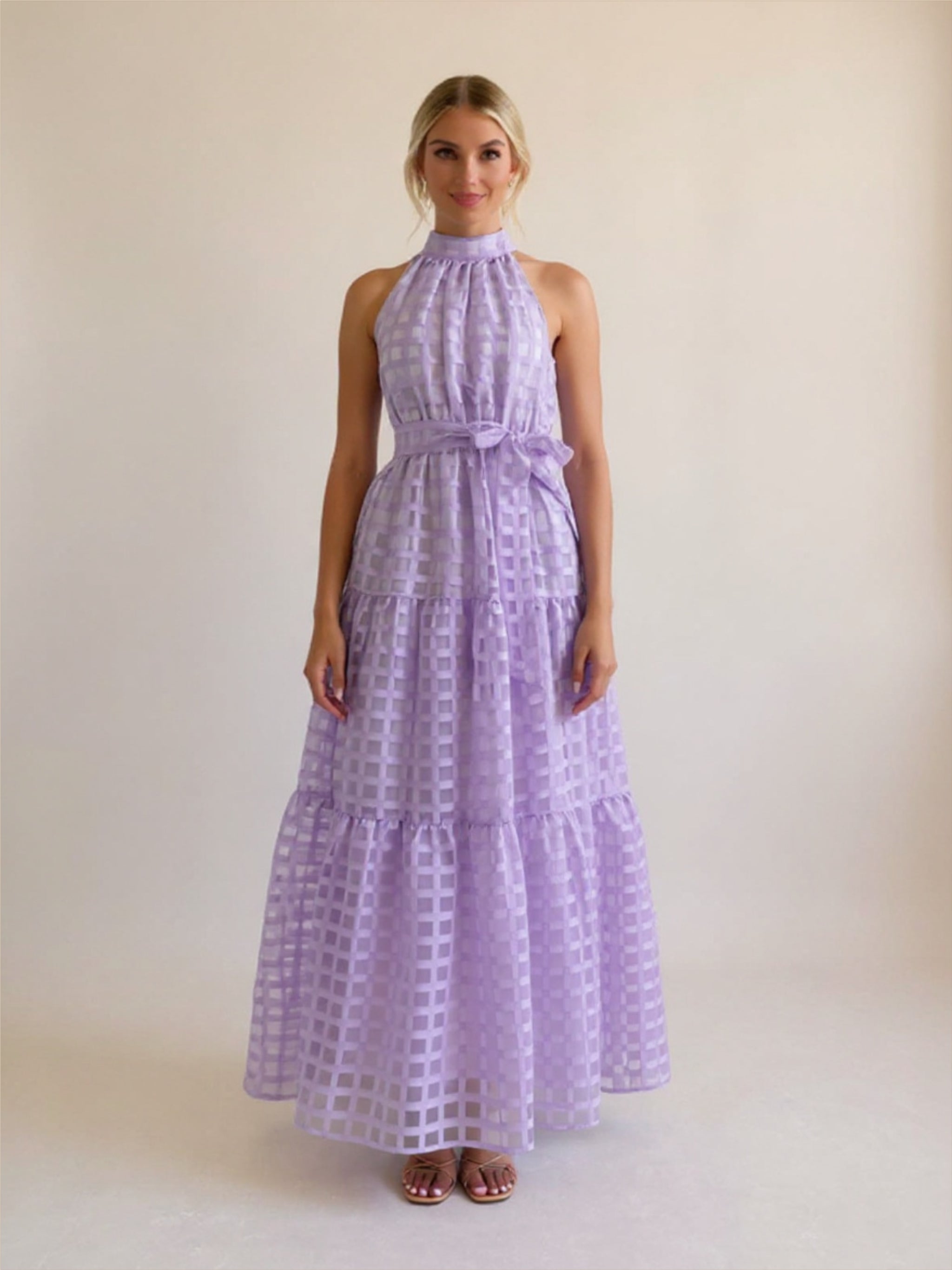 Solid Plaid Halter Neck Maxi Dress