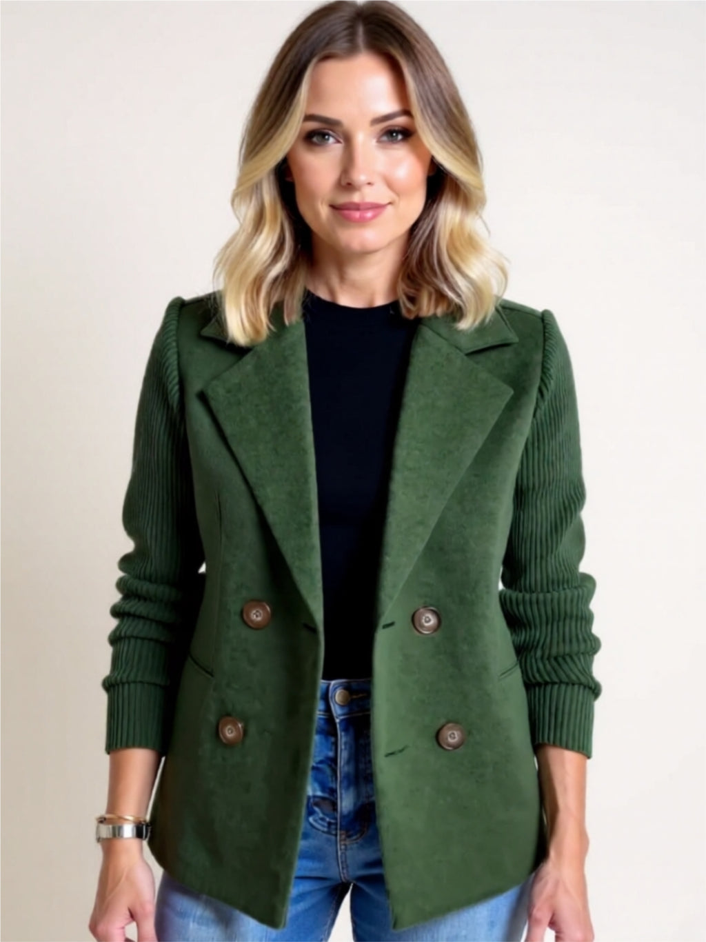 Double-Breasted Ribbed Sleeve Blazer