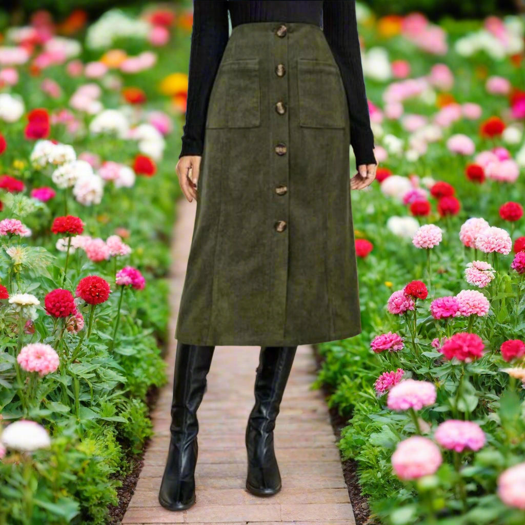 Army Green Elastic Waist Skirt with Pockets