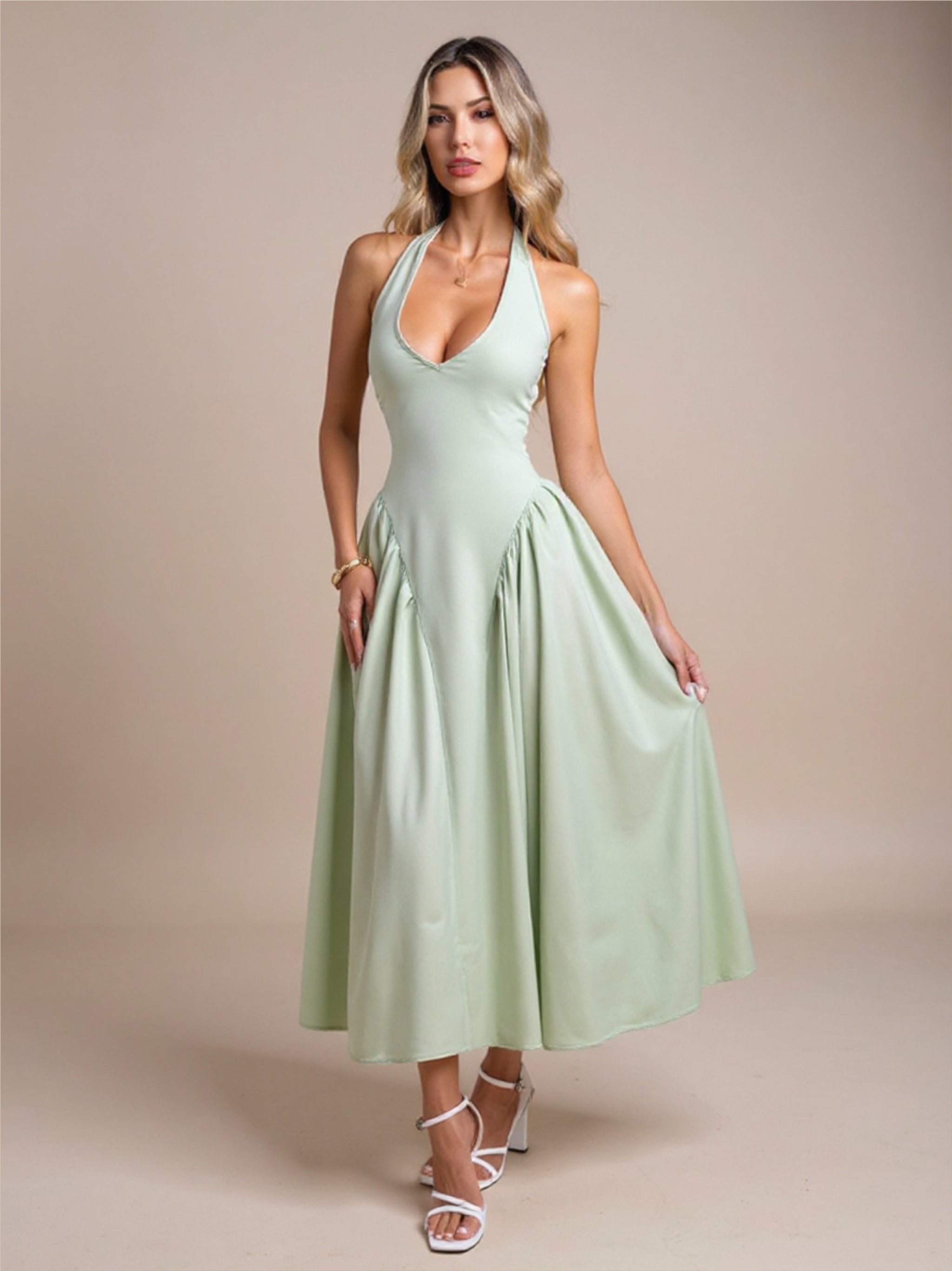 Green Backless Halter Dress