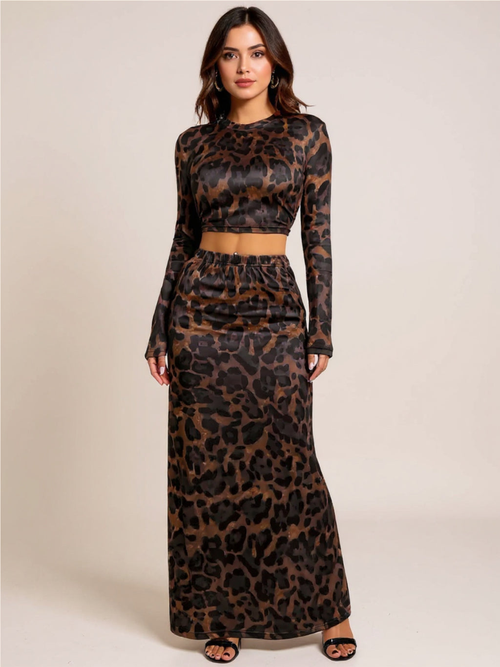 Leopard Round Neck Top & Skirt Set