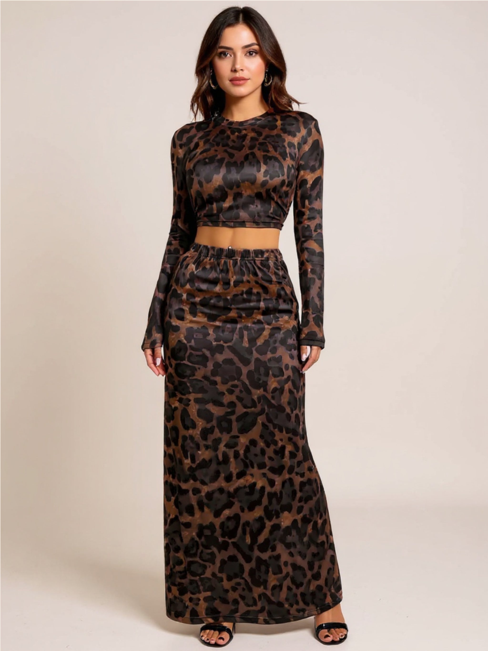 Leopard Round Neck Top & Skirt Set