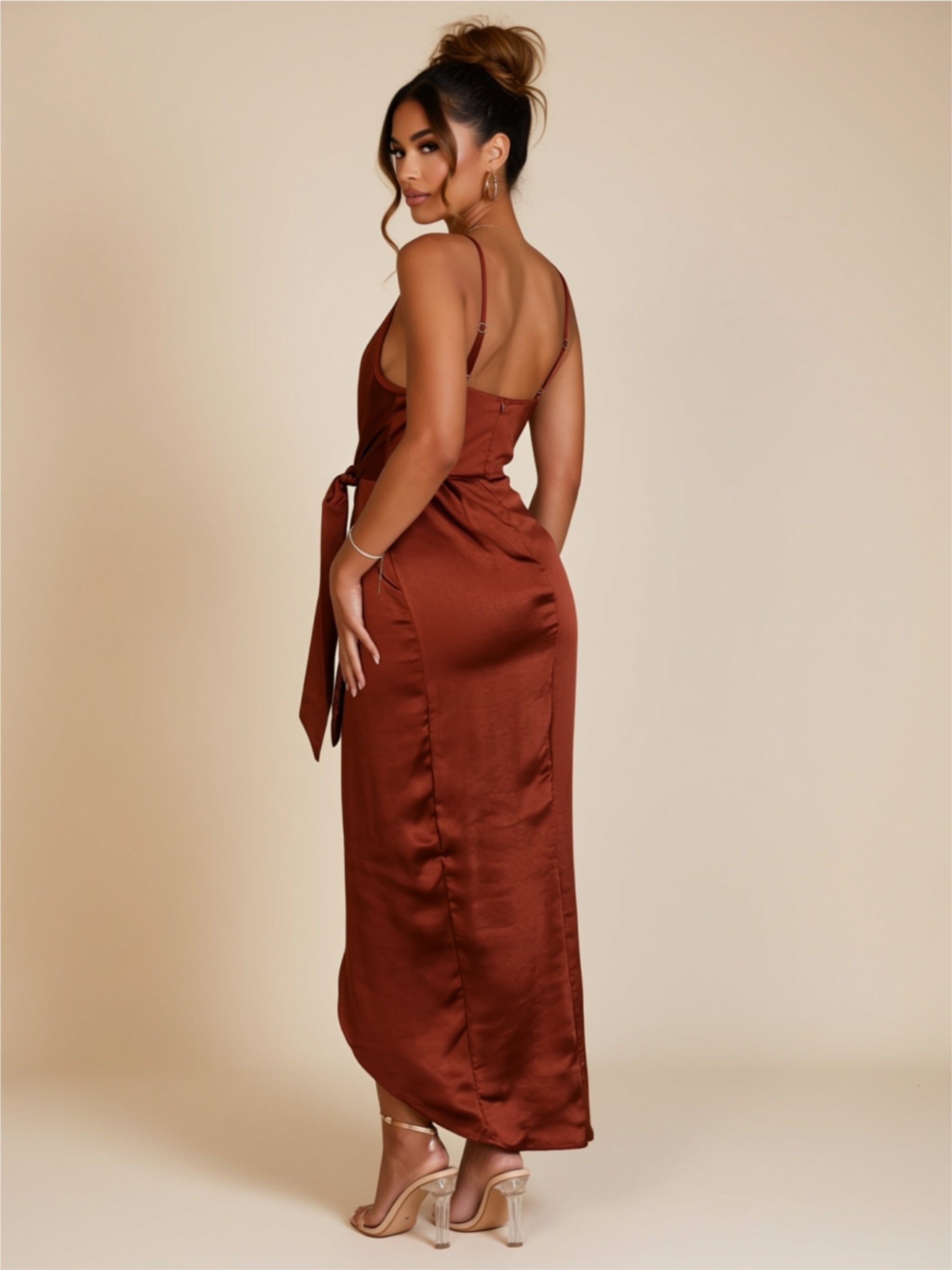 Satin Wrap V‑Neck Spaghetti Strap Maxi Dress