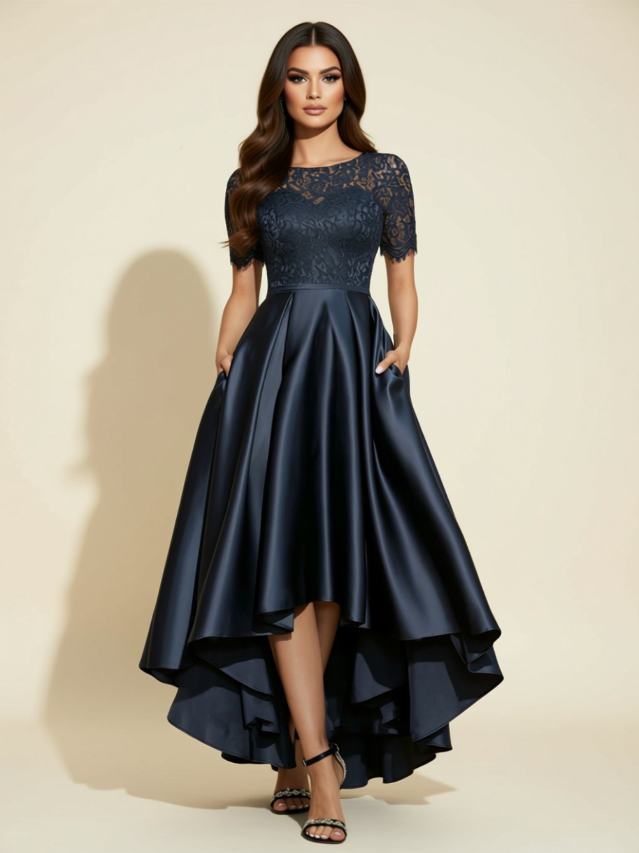 Navy Blue Satin High‑Low Evening Dress with Lace Bodice