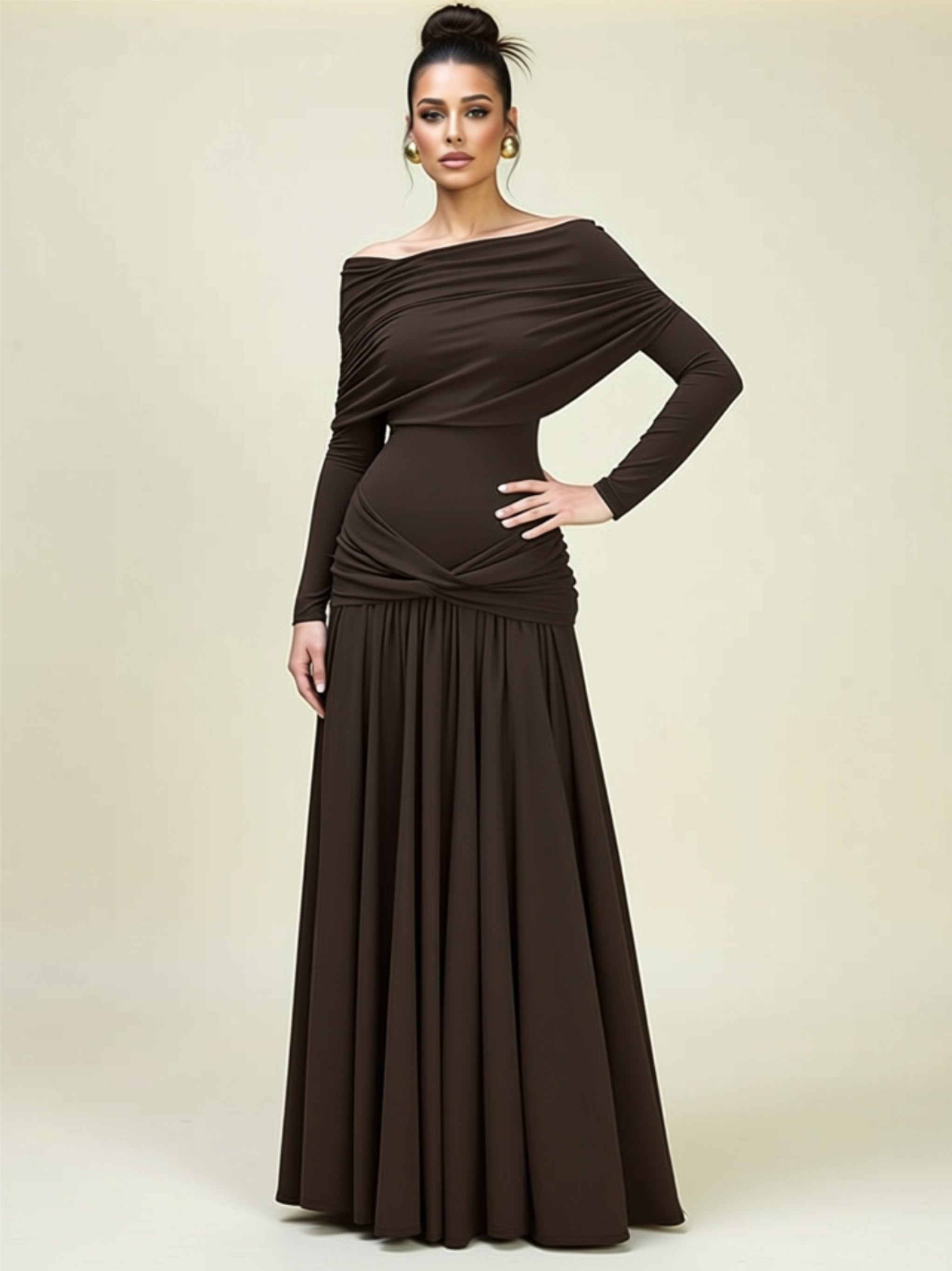 Elegant Off‑Shoulder Draped Maxi Gown