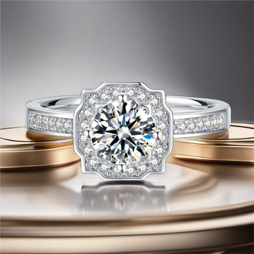 1 Carat Moissanite Sterling Silver Halo Ring