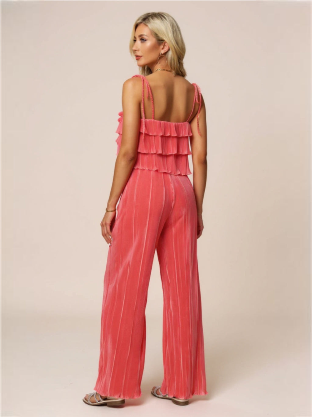 Coral Layered Tie Shoulder Top & Wide Leg Pants Set