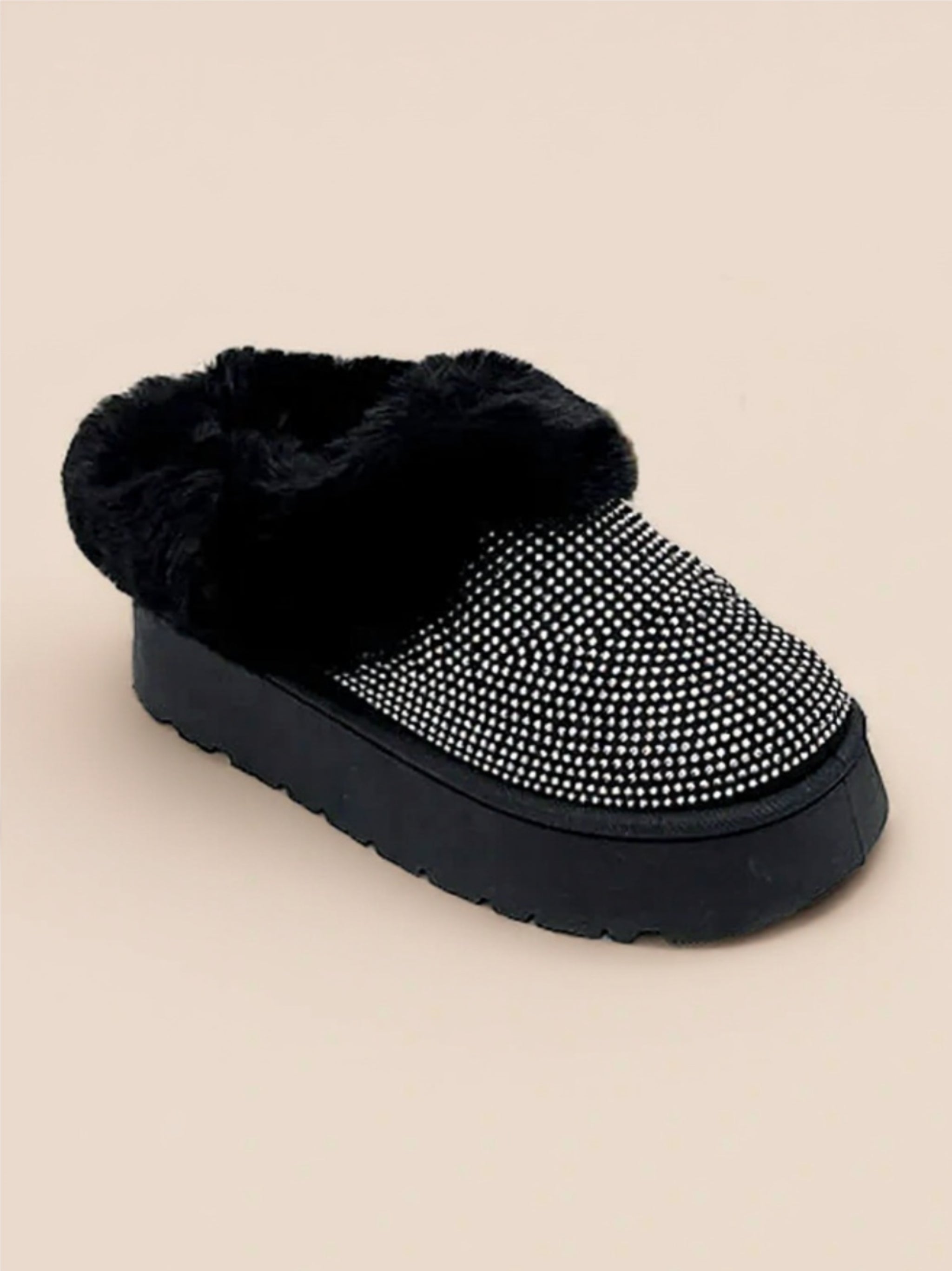 Black Embellished Faux Fur Platform Booties