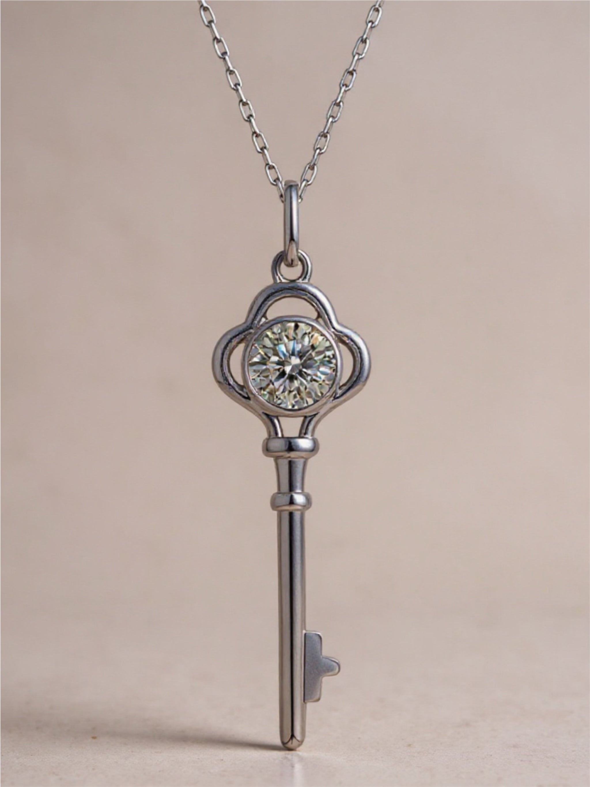 925 Sterling Silver 1 Carat Moissanite Key Pendant Necklace