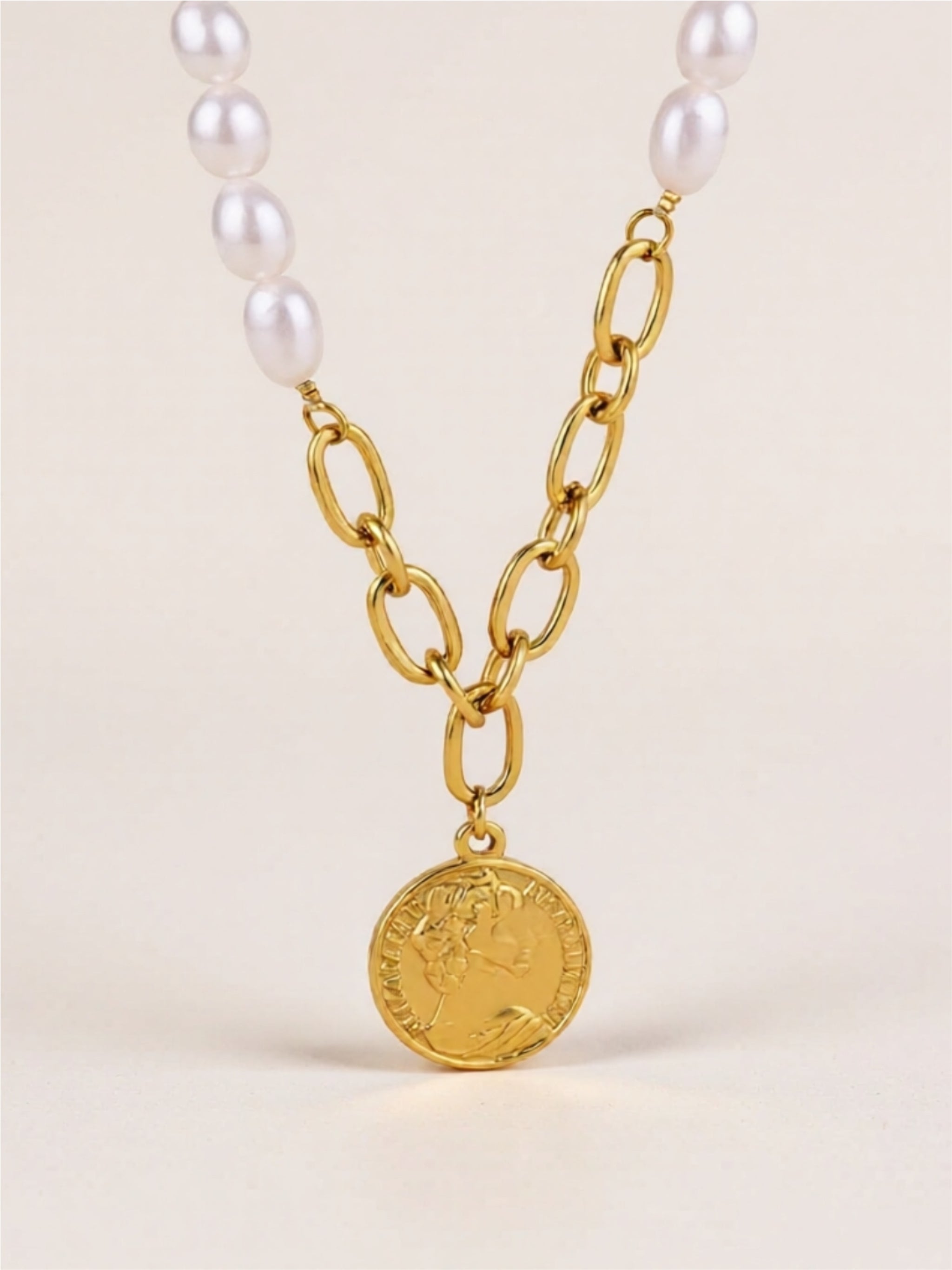 Gold Titanium Steel Coin Charm Necklace