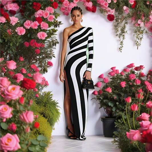 Black & White Striped One Shoulder Dress