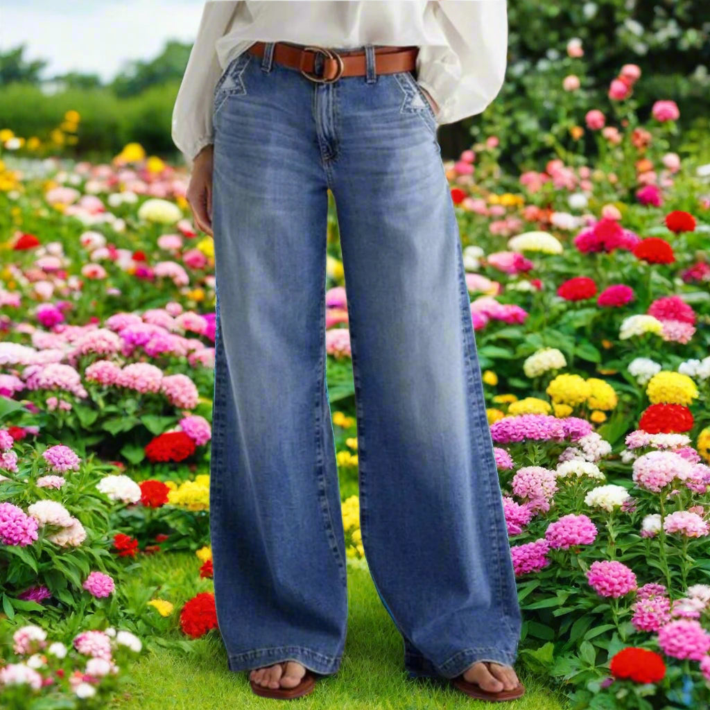 Pocketed Embroidered Wide Leg Jeans