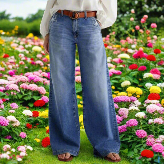 Pocketed Embroidered Wide Leg Jeans
