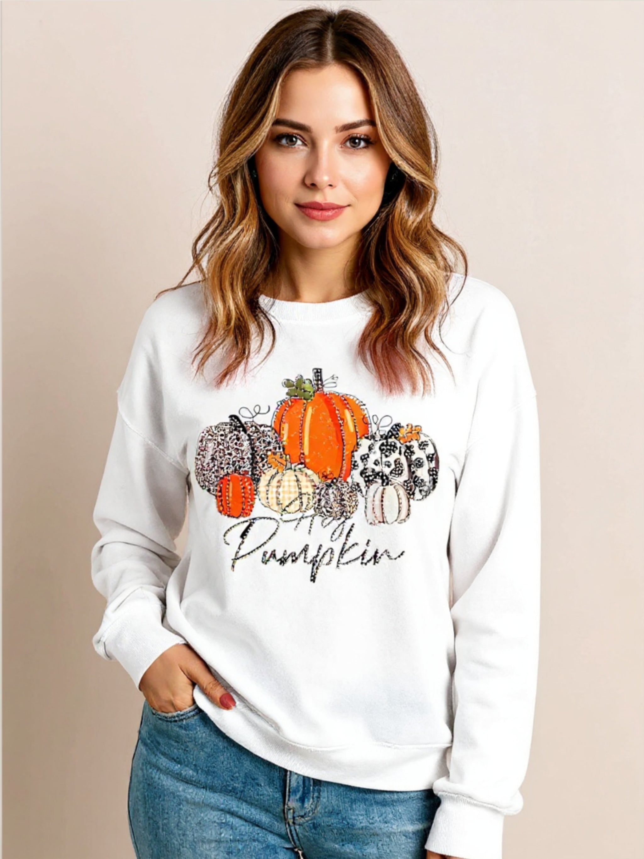 Pumpkin Graphic Round Neck Dropped Shoulder Sweatshirt